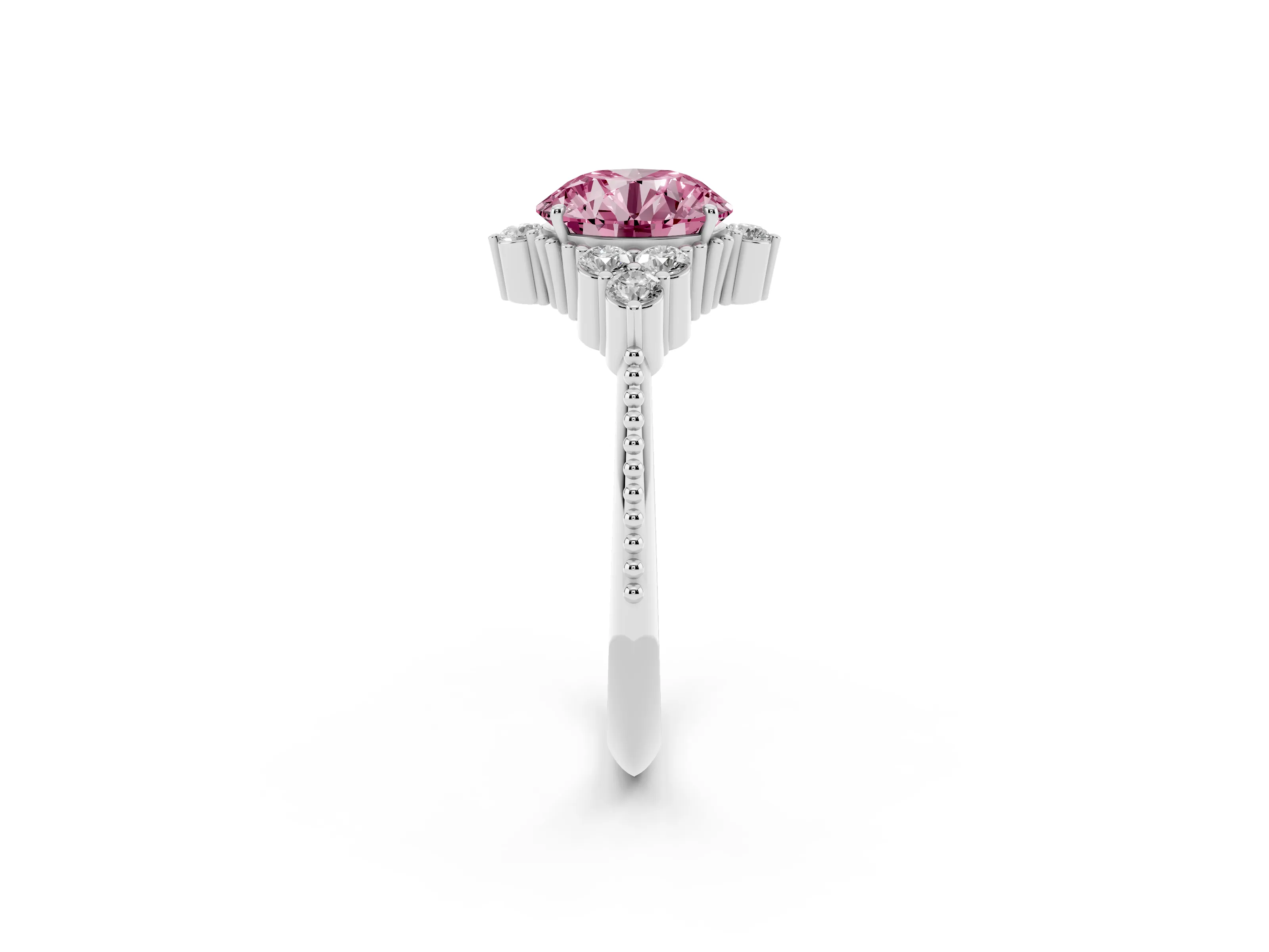 Fancy Pink Round Cut Diamond Cluster Ring Set in Silver with Beaded Band