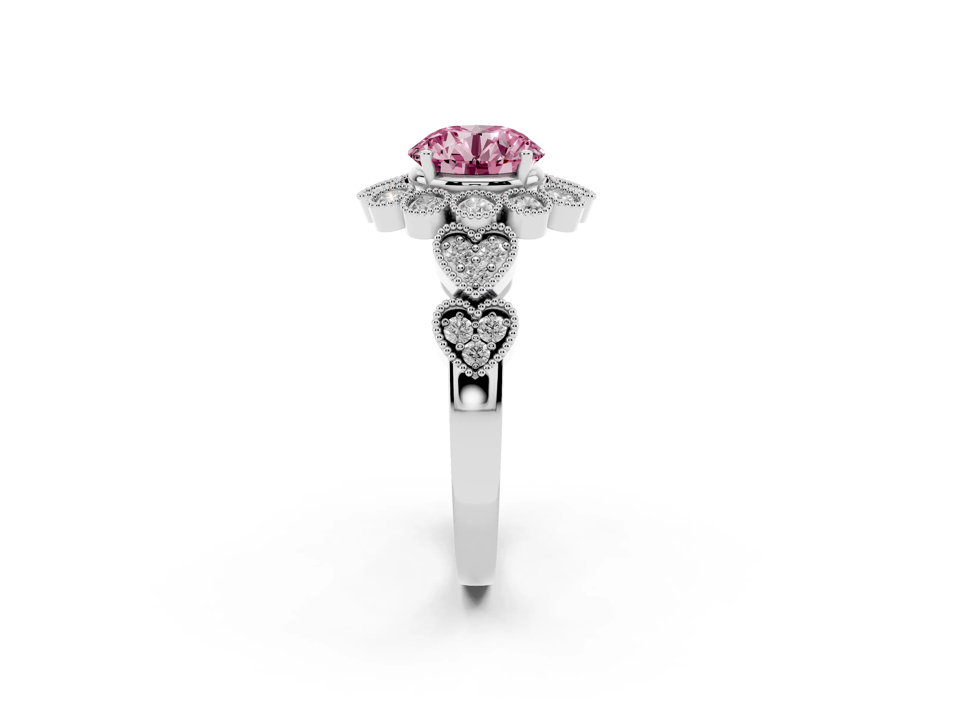 Fancy Pink Round Cut Diamond Solitaire Ring Set in White gold with Milgrain Pavé Heart Band