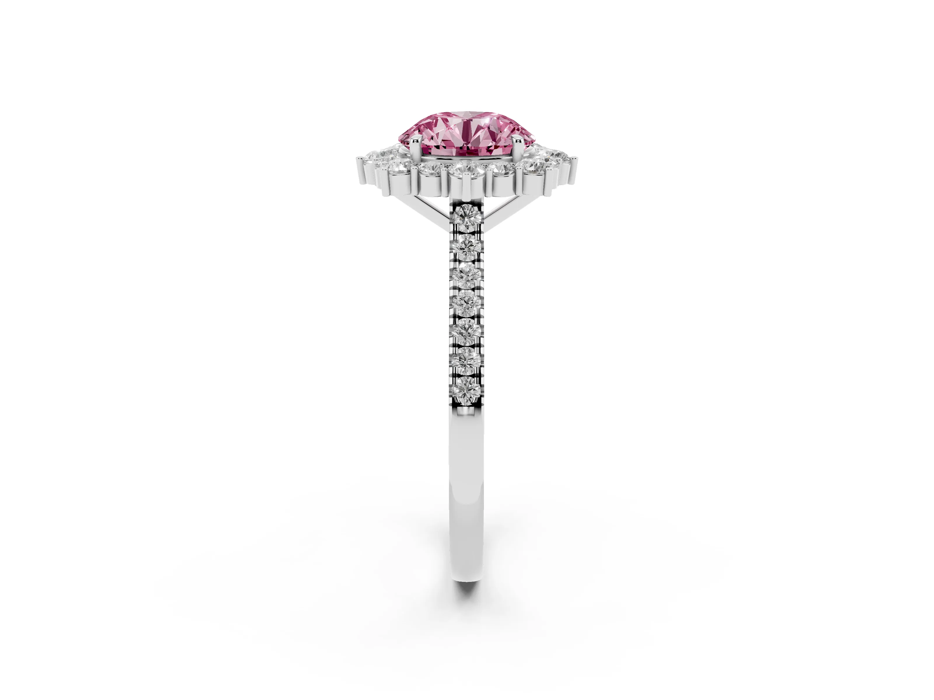 Fancy Pink Round Cut Diamond Halo Ring Set in Silver with Pavé Band and Prong Setting