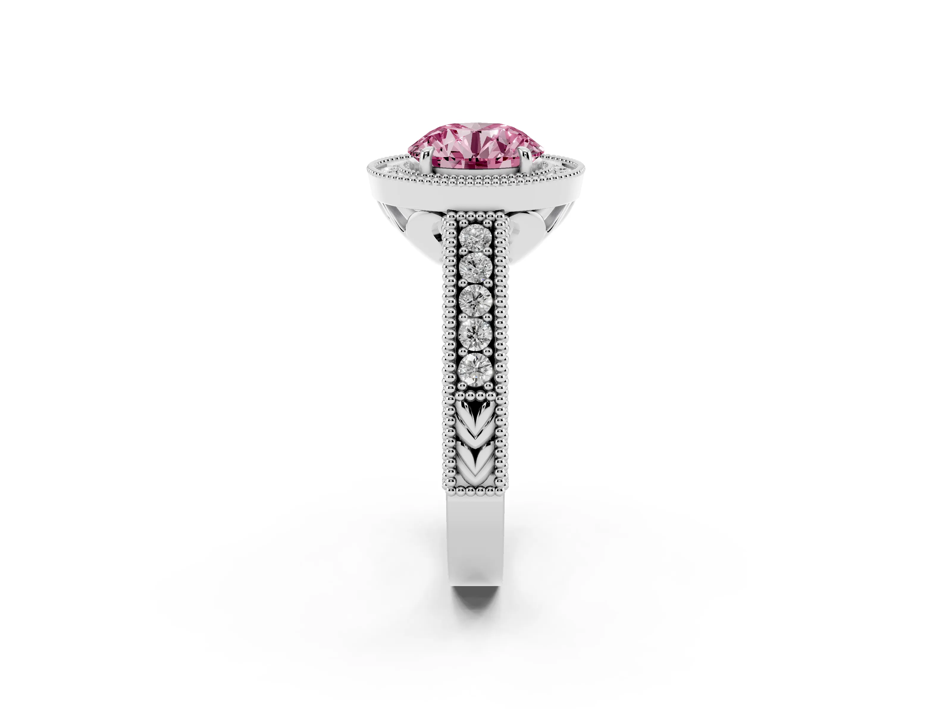 Fancy Pink Round Cut Diamond Halo Ring Set in White gold with Round Accent Halo, Pavé Band and Prong Setting