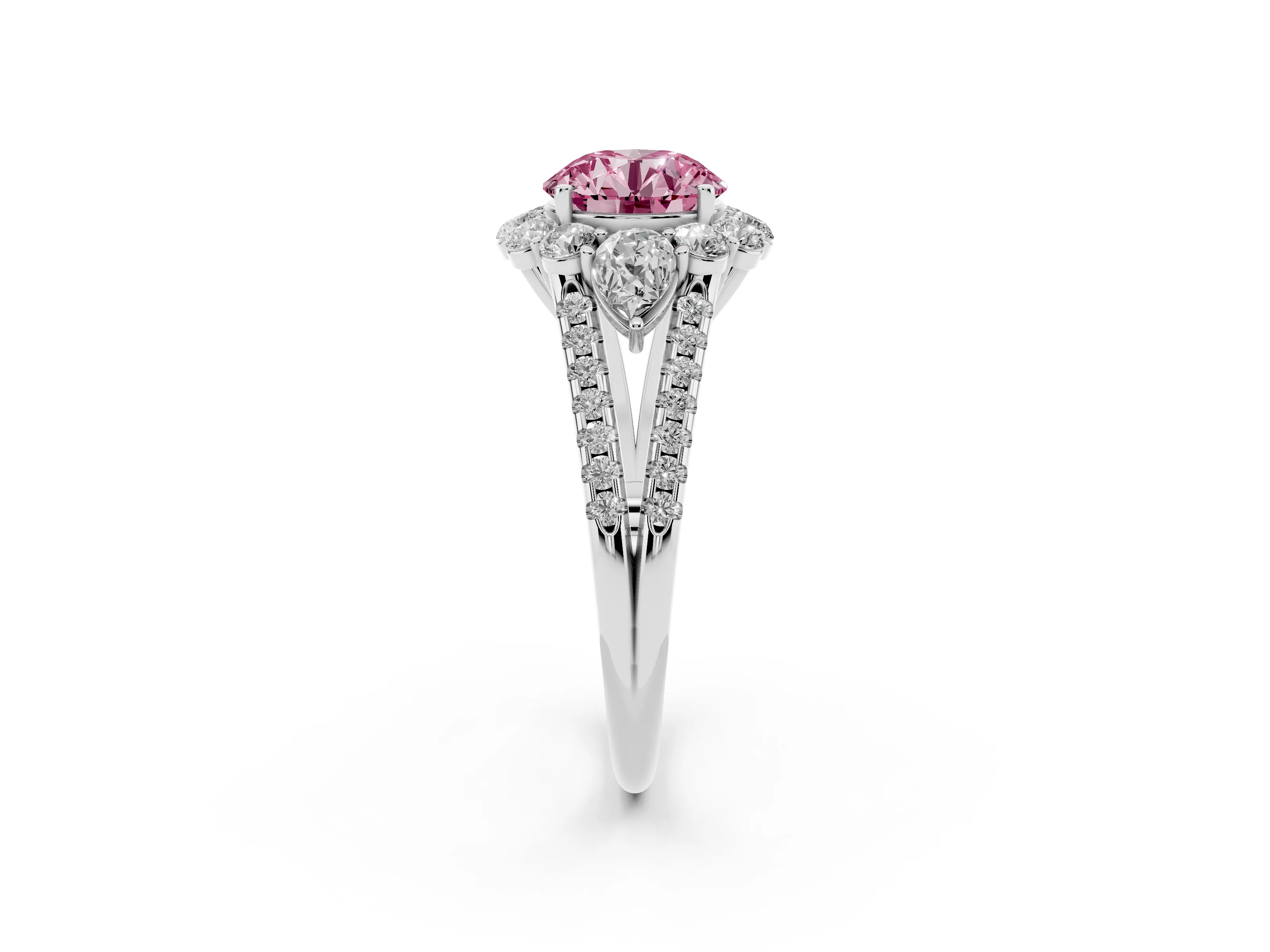 Fancy Pink Round Cut Diamond Halo Split Shank Engagement Ring Set in Platinum with Prong-Held Center Stone