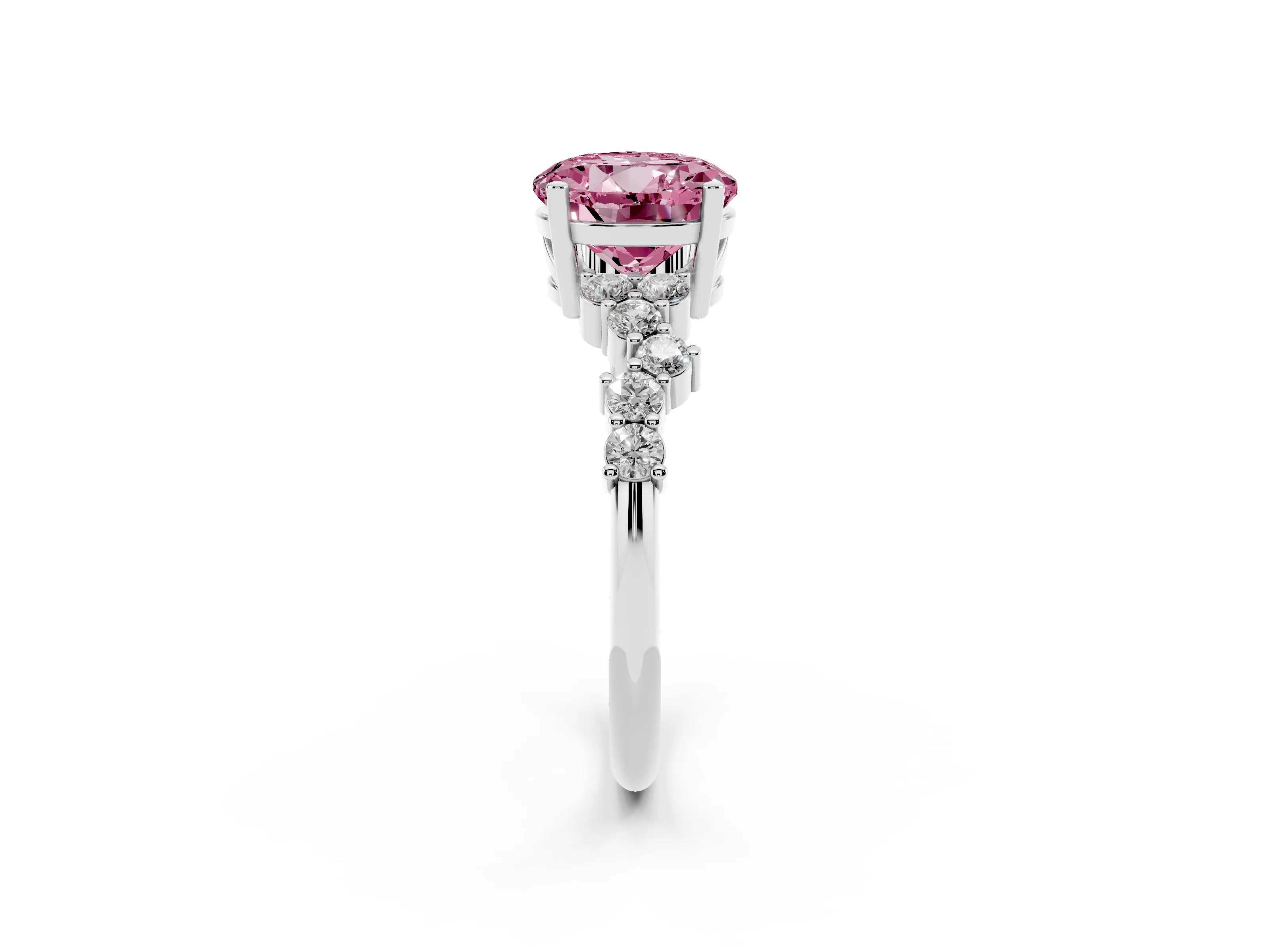 Fancy Pink Round Cut Diamond Ring Set in White gold with Scattered Round Accents