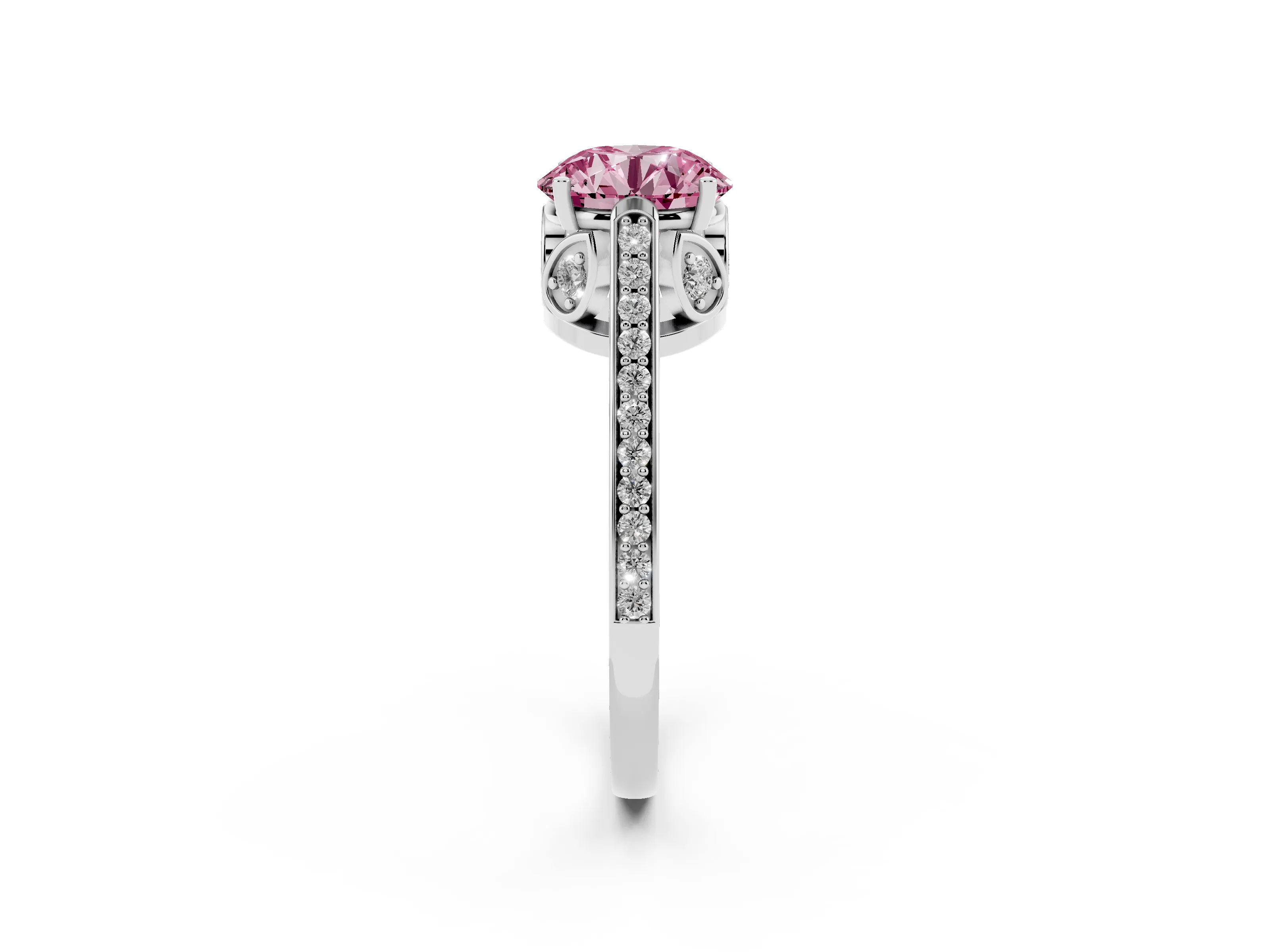 Fancy Pink Round Cut Diamond Cathedral Pavé Engagement Ring Set in Silver with Prong Setting