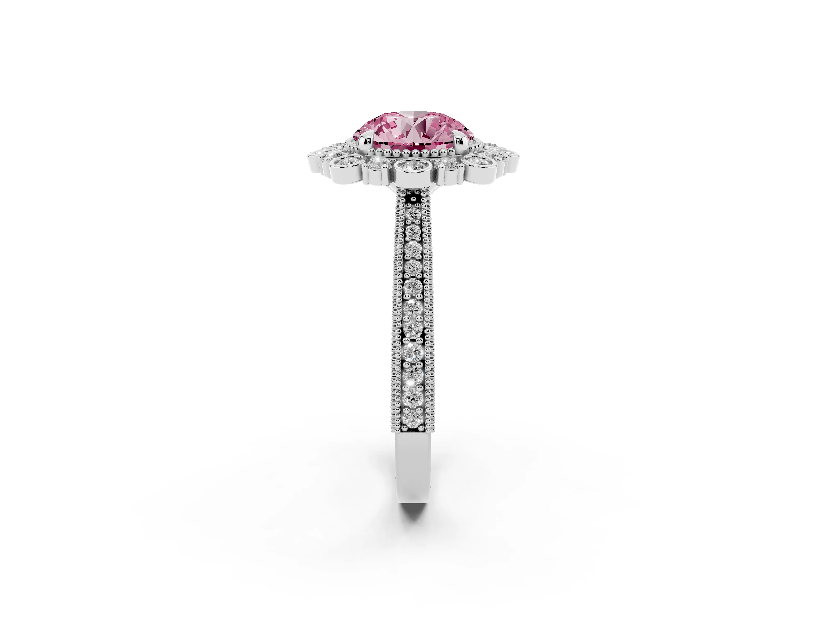 Fancy Pink Round Cut Diamond Halo Milgrain Pavé Ring Set in White gold with Prong Setting
