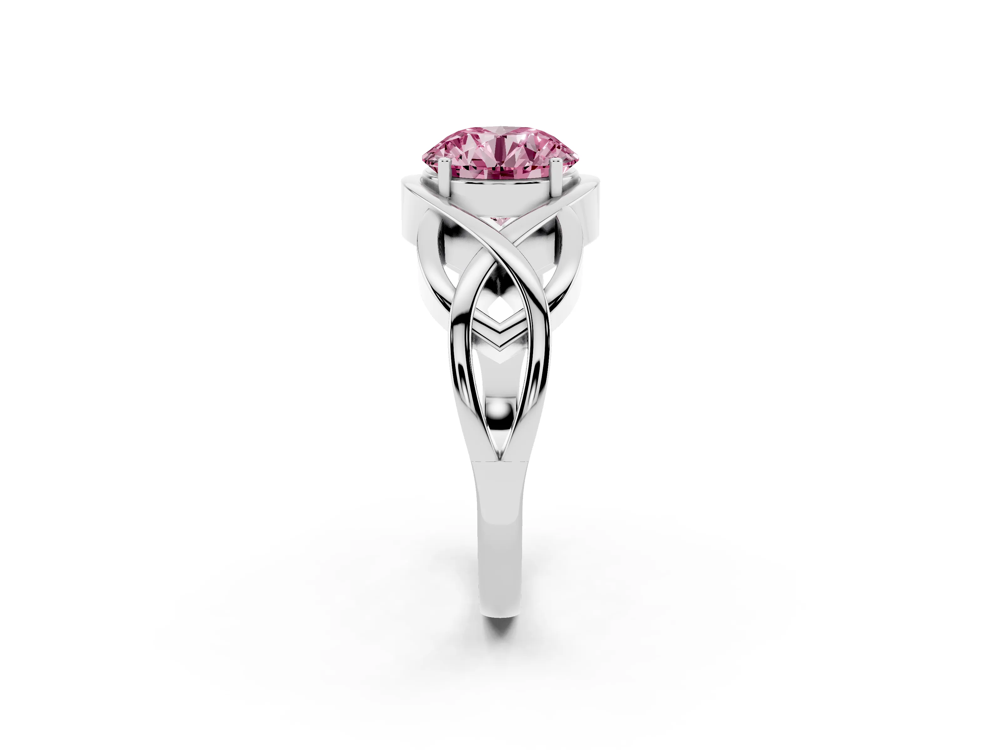 Fancy Pink Round Cut Diamond Solitaire Ring Set in Platinum with Intertwined Band