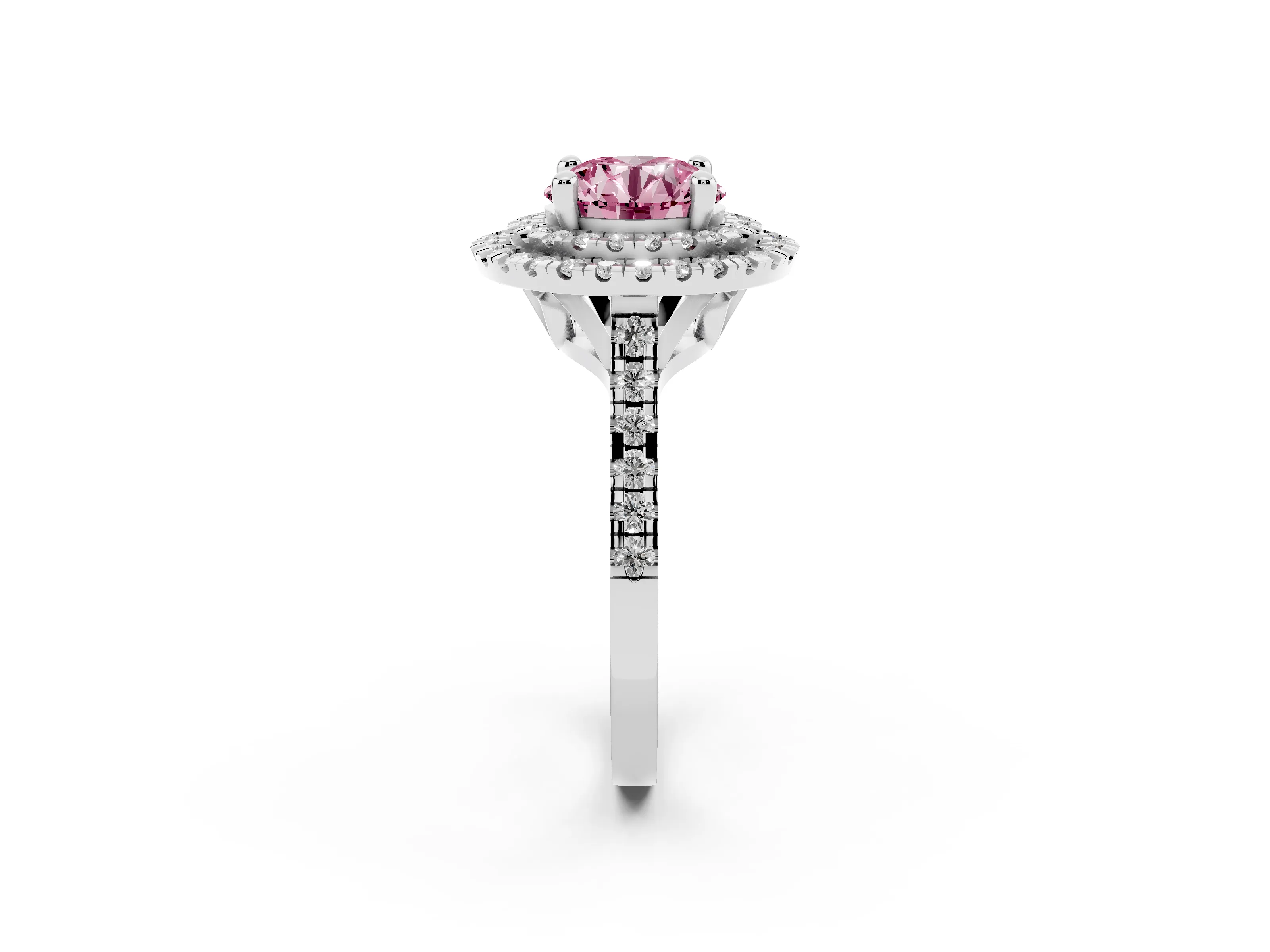 Fancy Pink Round Cut Diamond Double Halo Statement Ring Set in Silver with Pavé Band