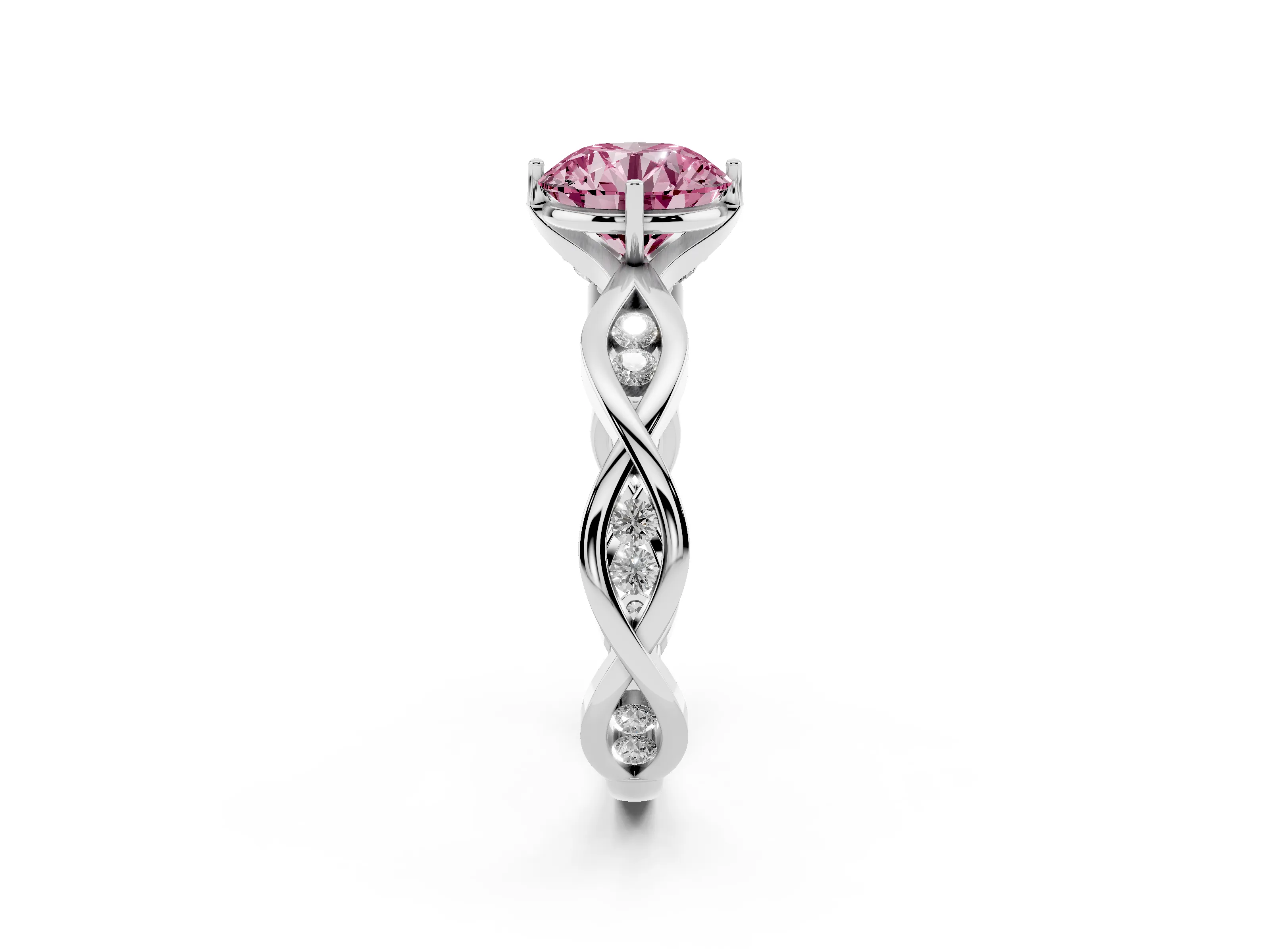 Fancy Pink Round Cut Diamond Twist Band Solitaire Ring Set in Silver with Leaf Prong Setting and Accent Stones