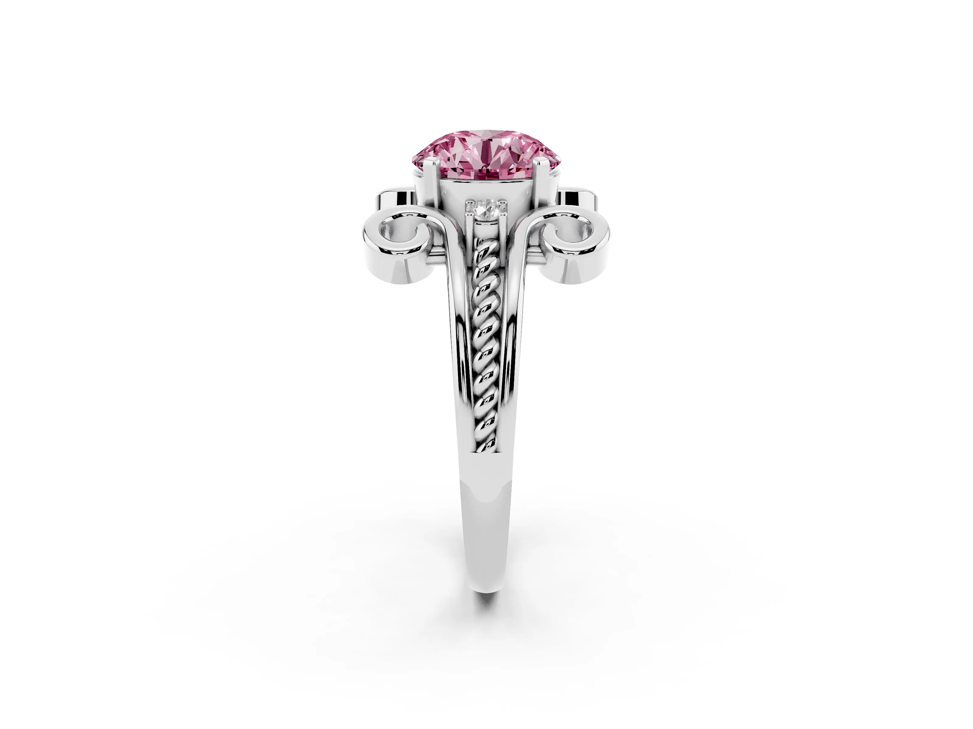Fancy Pink Round Cut Diamond Twisted Band Solitaire Ring Set in Platinum with Scroll Prongs