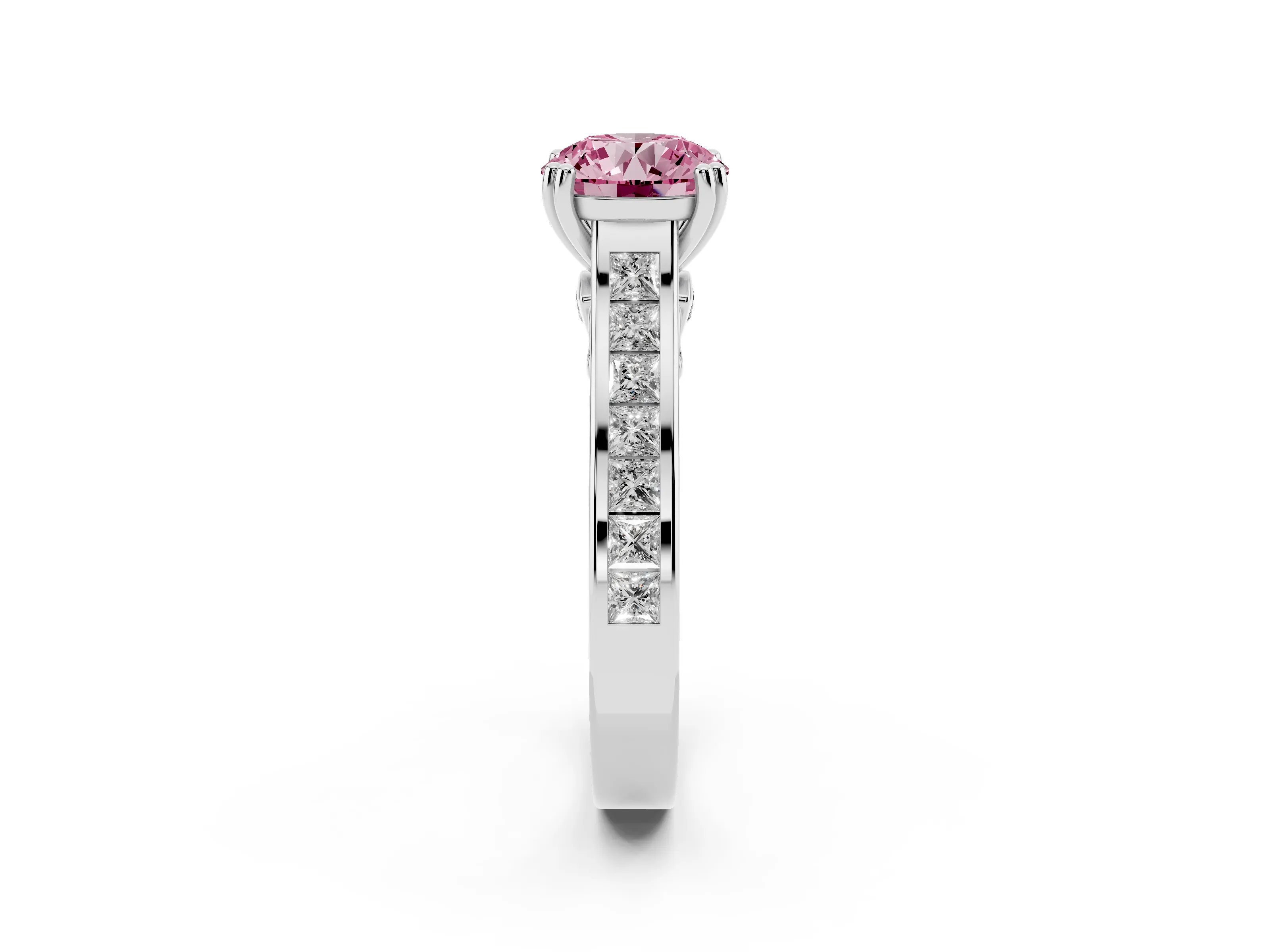 Fancy Pink Round Cut Diamond Channel Set Solitaire Engagement Ring Set in Silver with Prong Setting