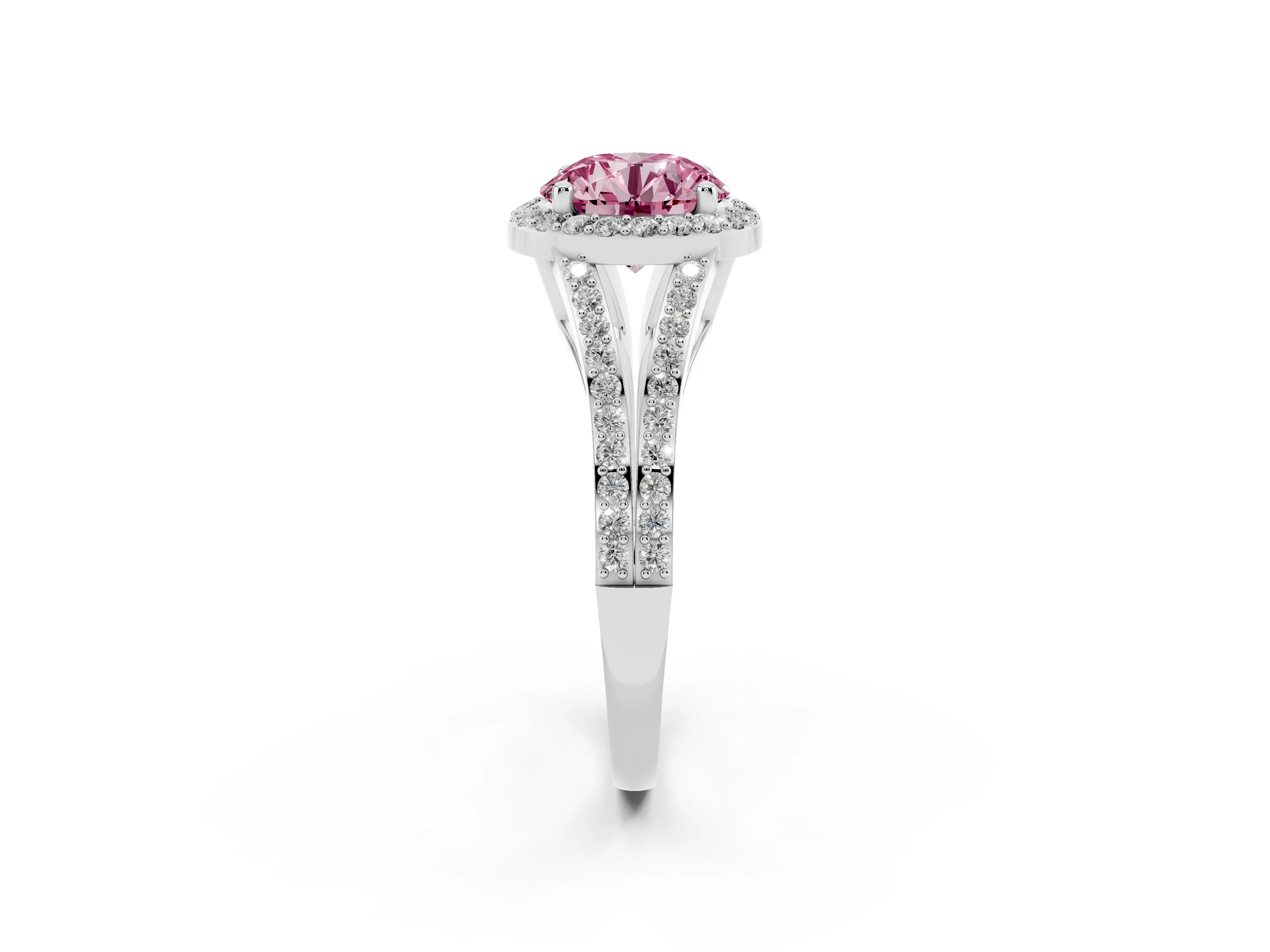 Fancy Pink Round Cut Diamond Halo Split Shank Pavé Ring Set in Platinum with Prong Setting