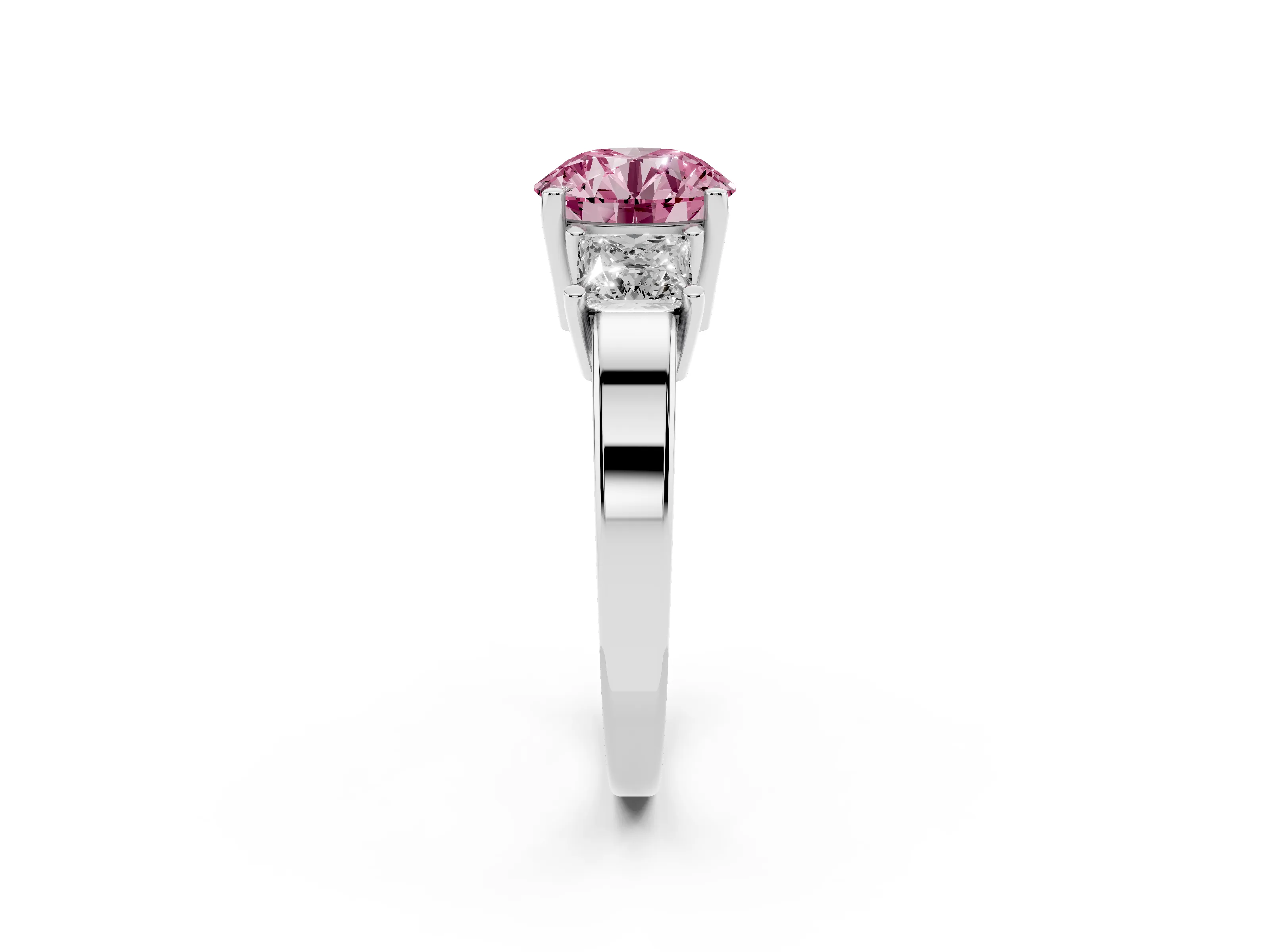 Fancy Pink Three-Stone Round Cut Diamond Solitaire Ring Set in White gold with Prong Setting