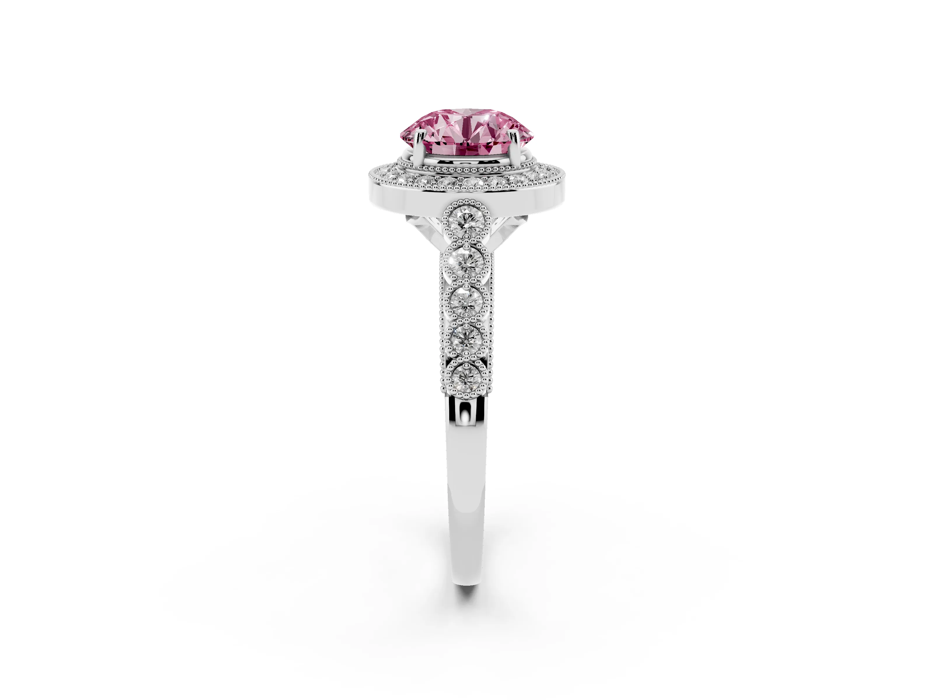 Fancy Pink Round Cut Diamond Milgrain Halo Solitaire Ring Set in Silver with Bezel Set Side Stones and Pavé Band