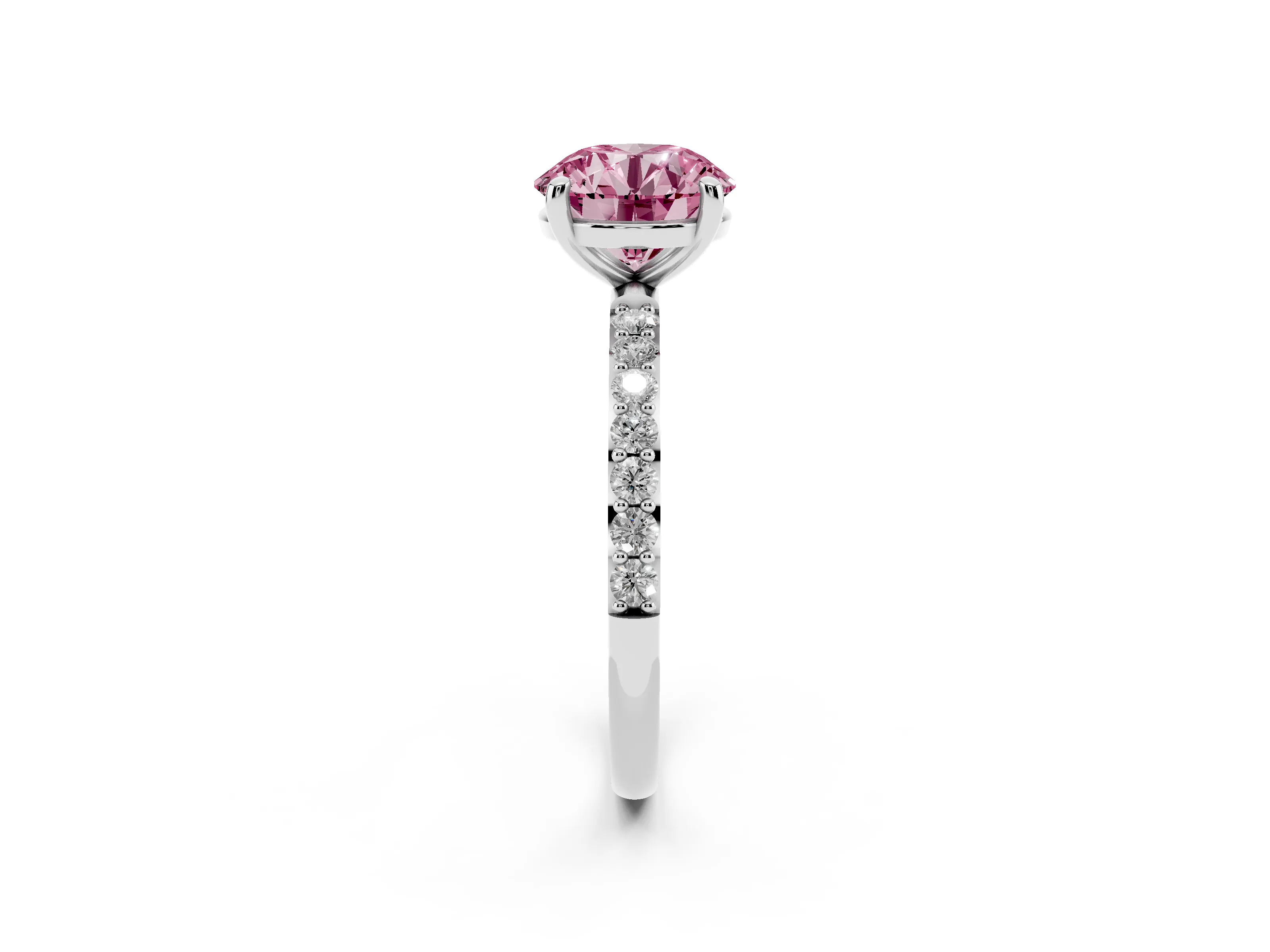 Fancy Pink Round Cut Diamond Solitaire Ring Set in Platinum with Round Pavé Band and Prong Setting