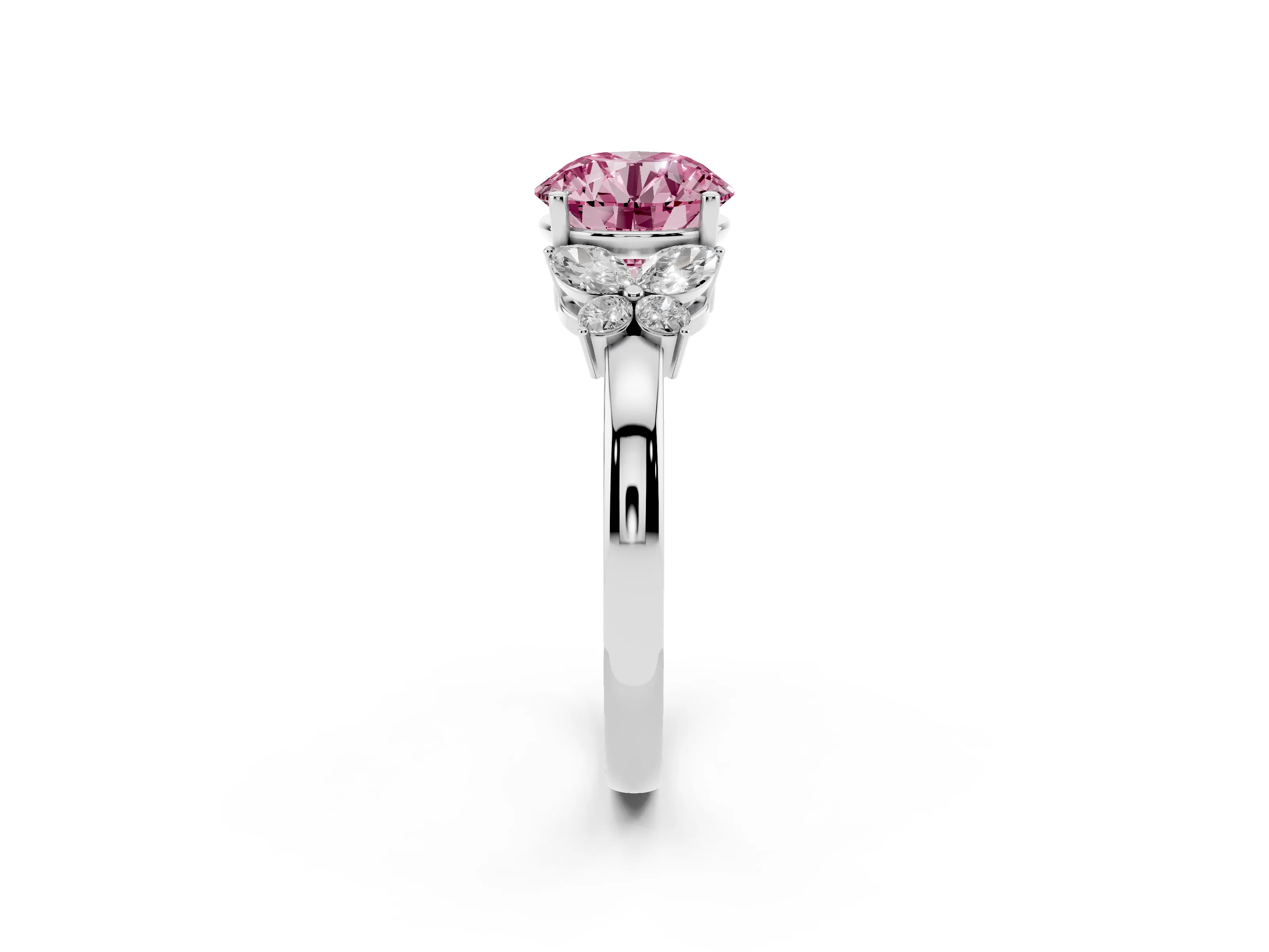 Fancy Pink Round Cut Diamond Solitaire Floral Ring Set in White gold with Marquise Petals and Prong Setting
