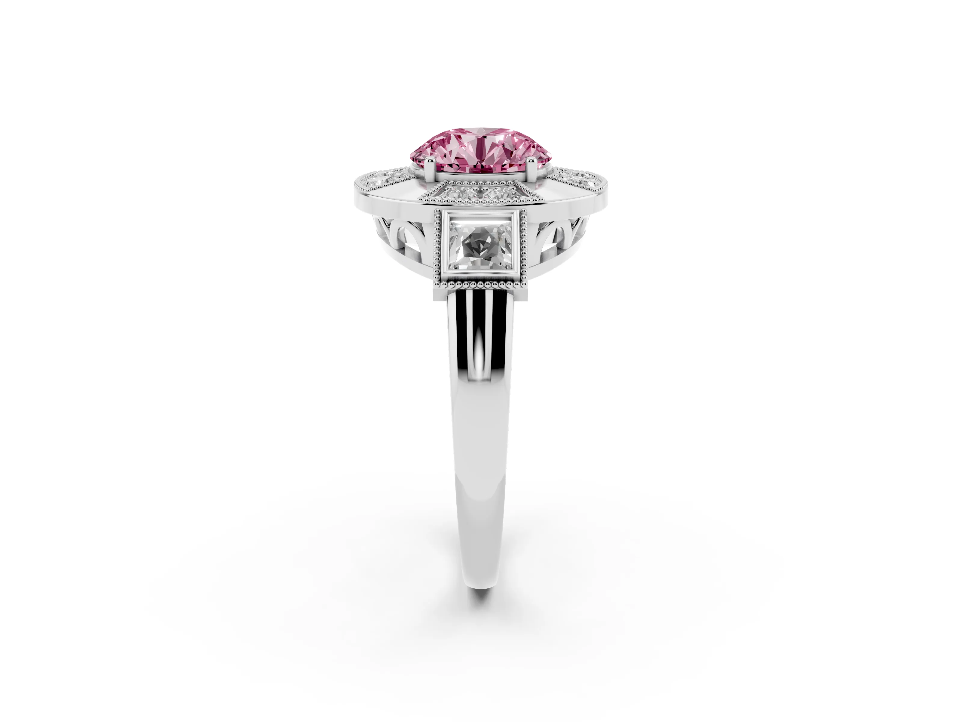 Fancy Pink Round Cut Diamond Milgrain Halo Ring Set in Platinum with Split Shank