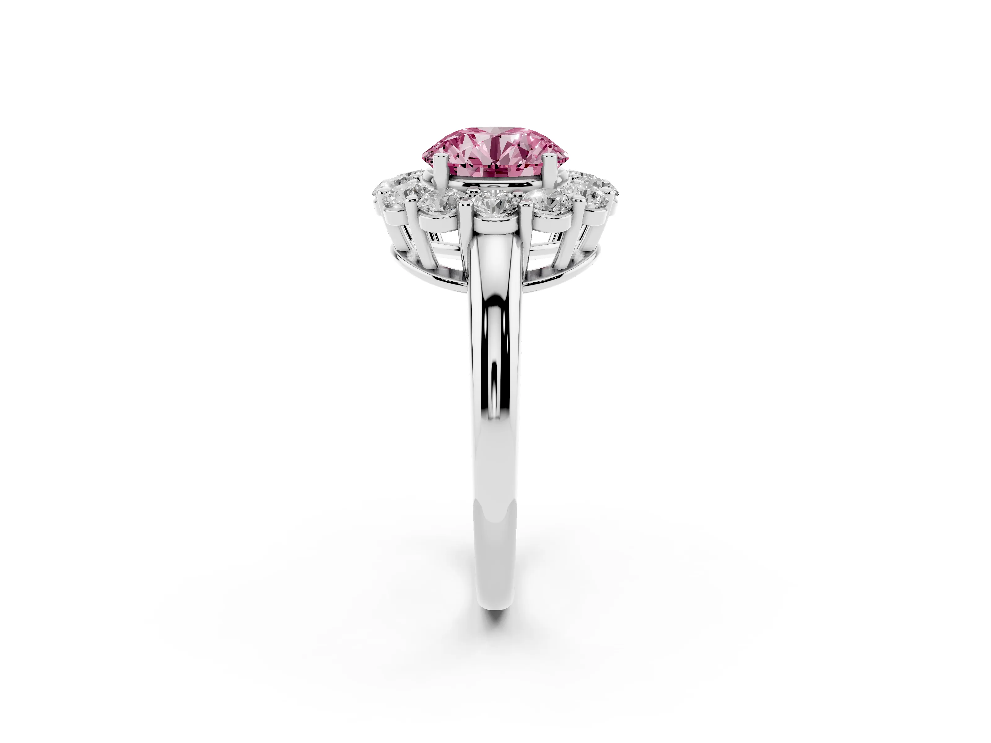 Fancy Pink Round Cut Diamond Halo Cluster Engagement Ring Set in White gold with Polished Band and Prong Setting