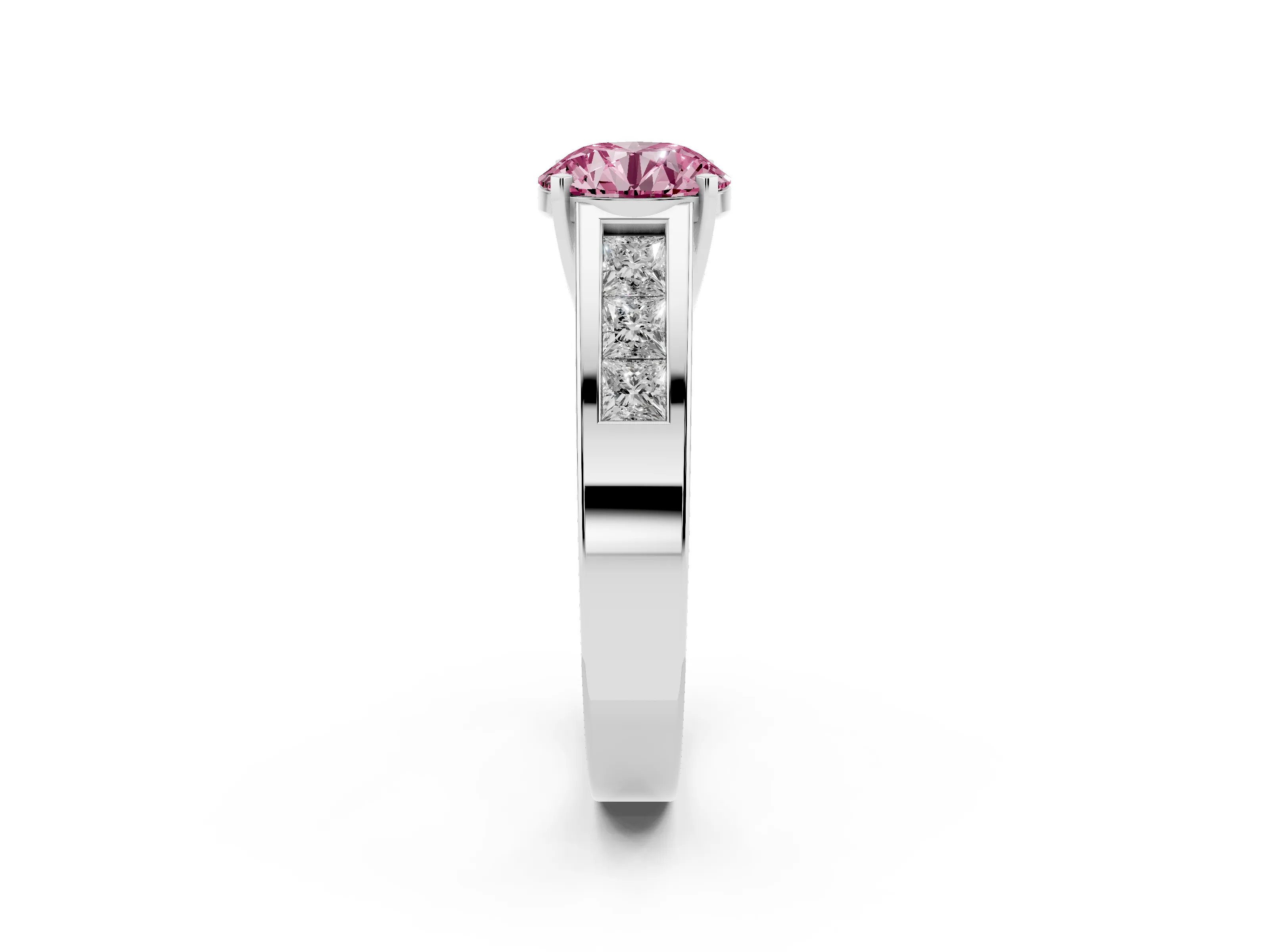 Fancy Pink Round Cut Diamond Solitaire Ring Set in Silver with Channel-Set Accent Stones and Prong Setting