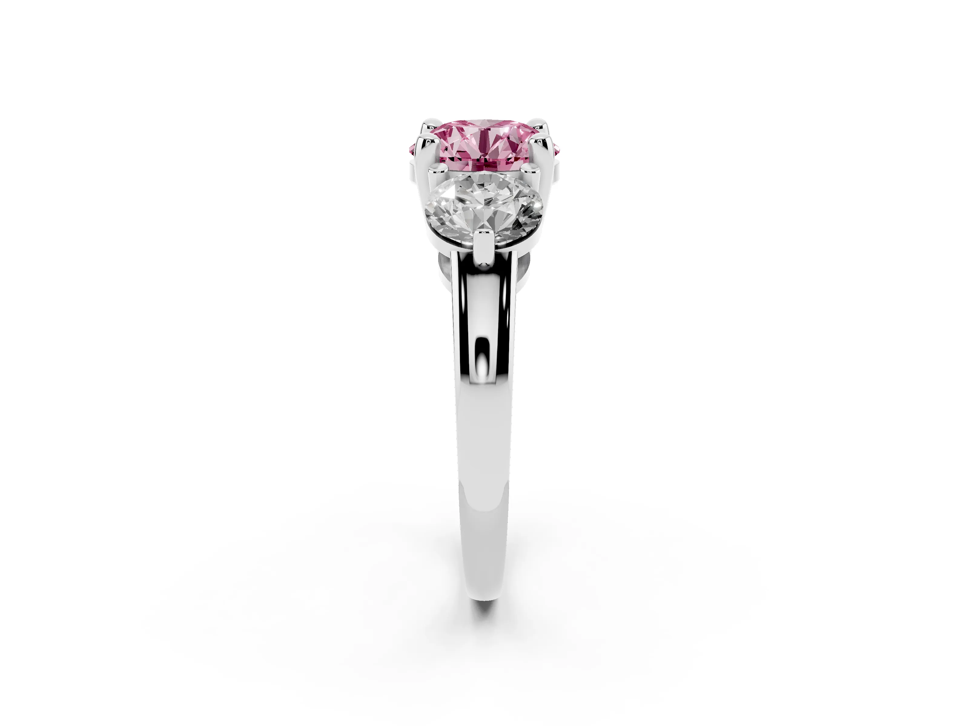 Fancy Pink Round Cut Diamond Three-Stone Ring Set in White gold with Prong Setting and Classic Band