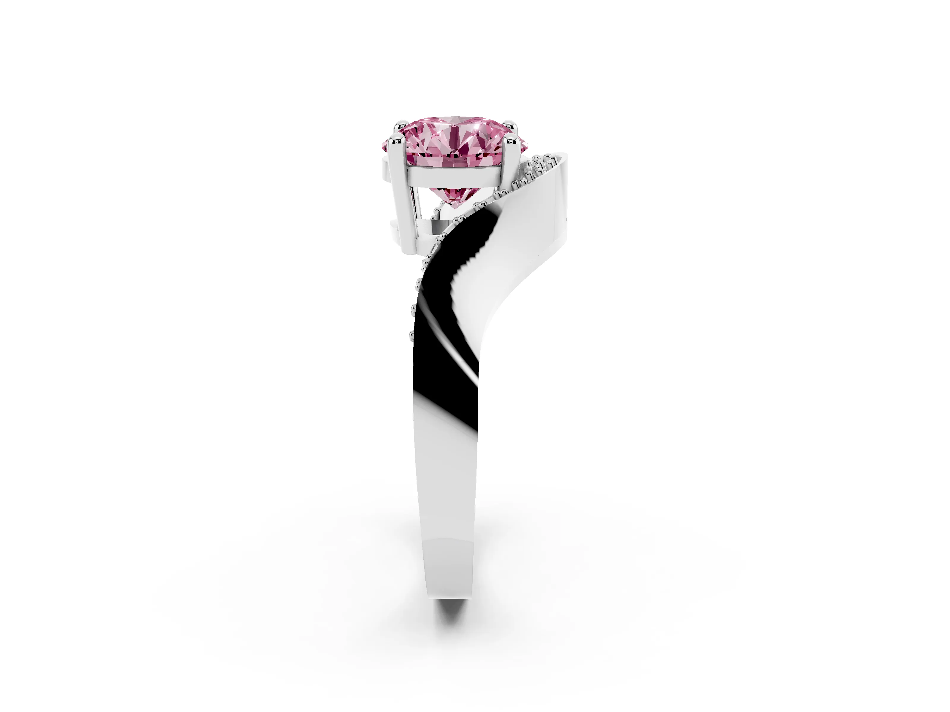 Fancy Pink Round Cut Diamond Solitaire Engagement Ring Set in White gold with Pavé Shoulders