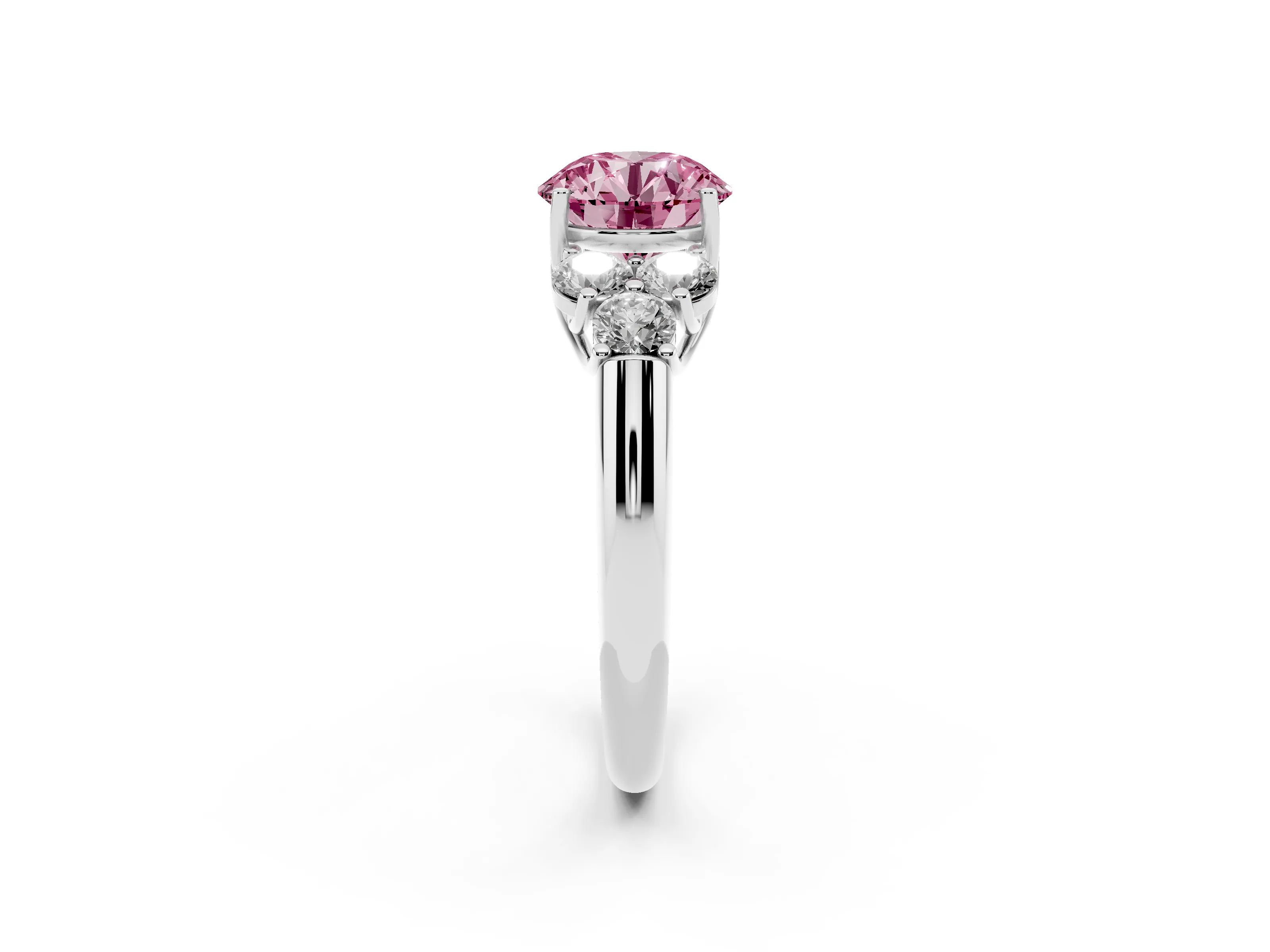 Fancy Pink Round Cut Diamond Cluster Ring Set in Silver with Round Accent Stones and Prong Setting on a Plain Band