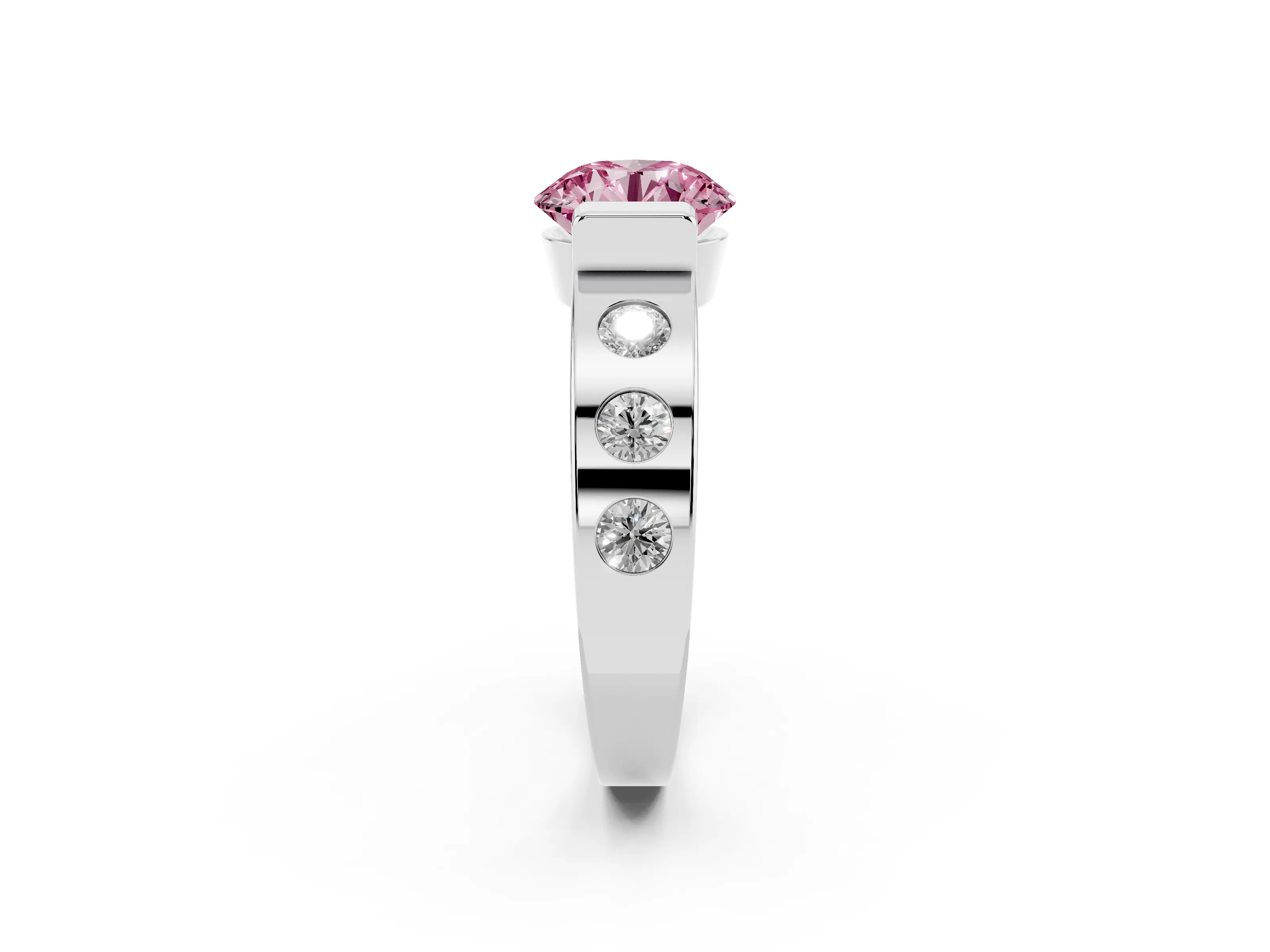 Fancy Pink Round Cut Diamond Channel-Set Band Ring Set in Silver with Bezel Prong Setting