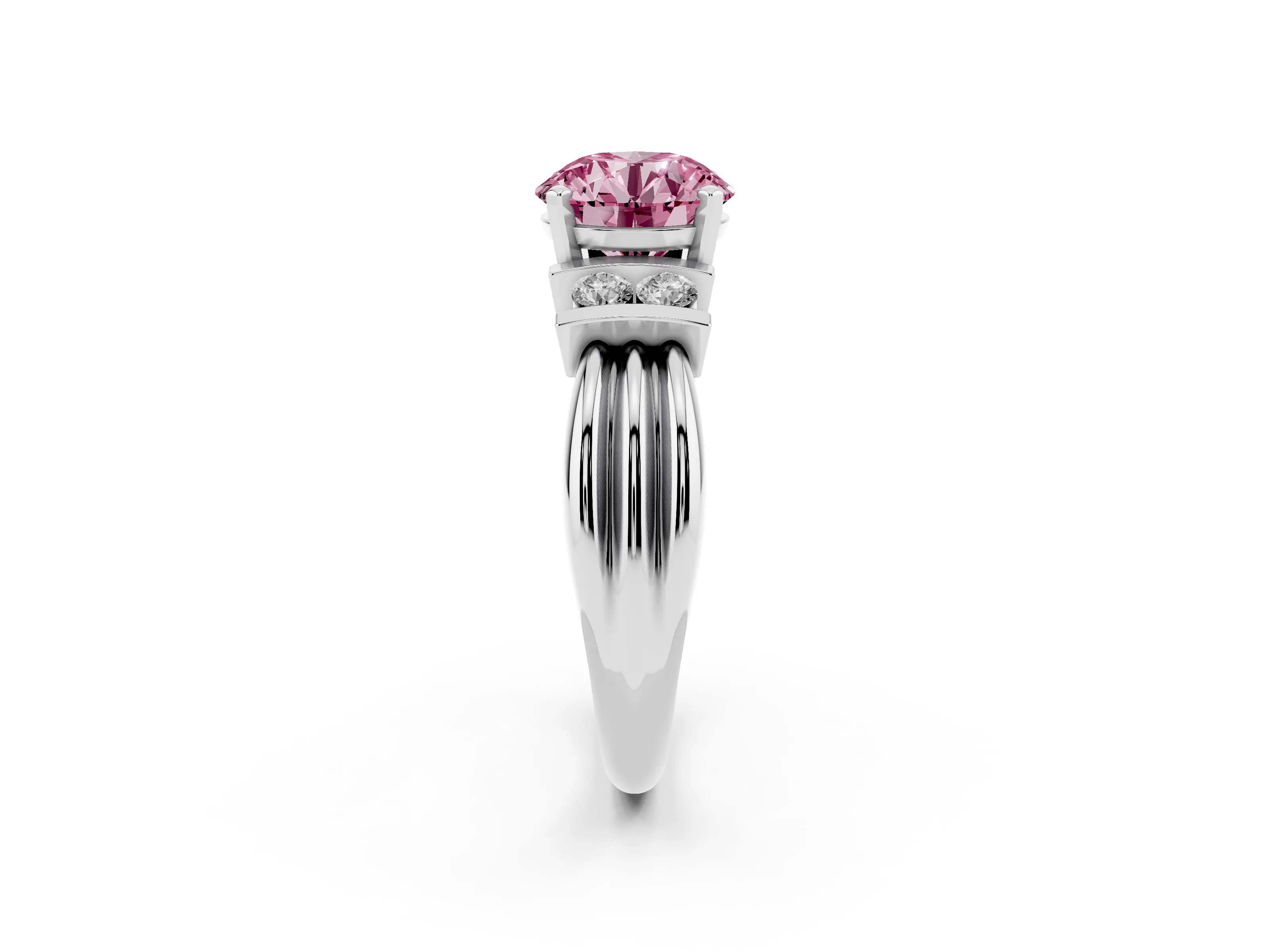 Fancy Pink Three-Stone Round Cut Diamond Channel Set Ring Set in Silver with Bar Prongs