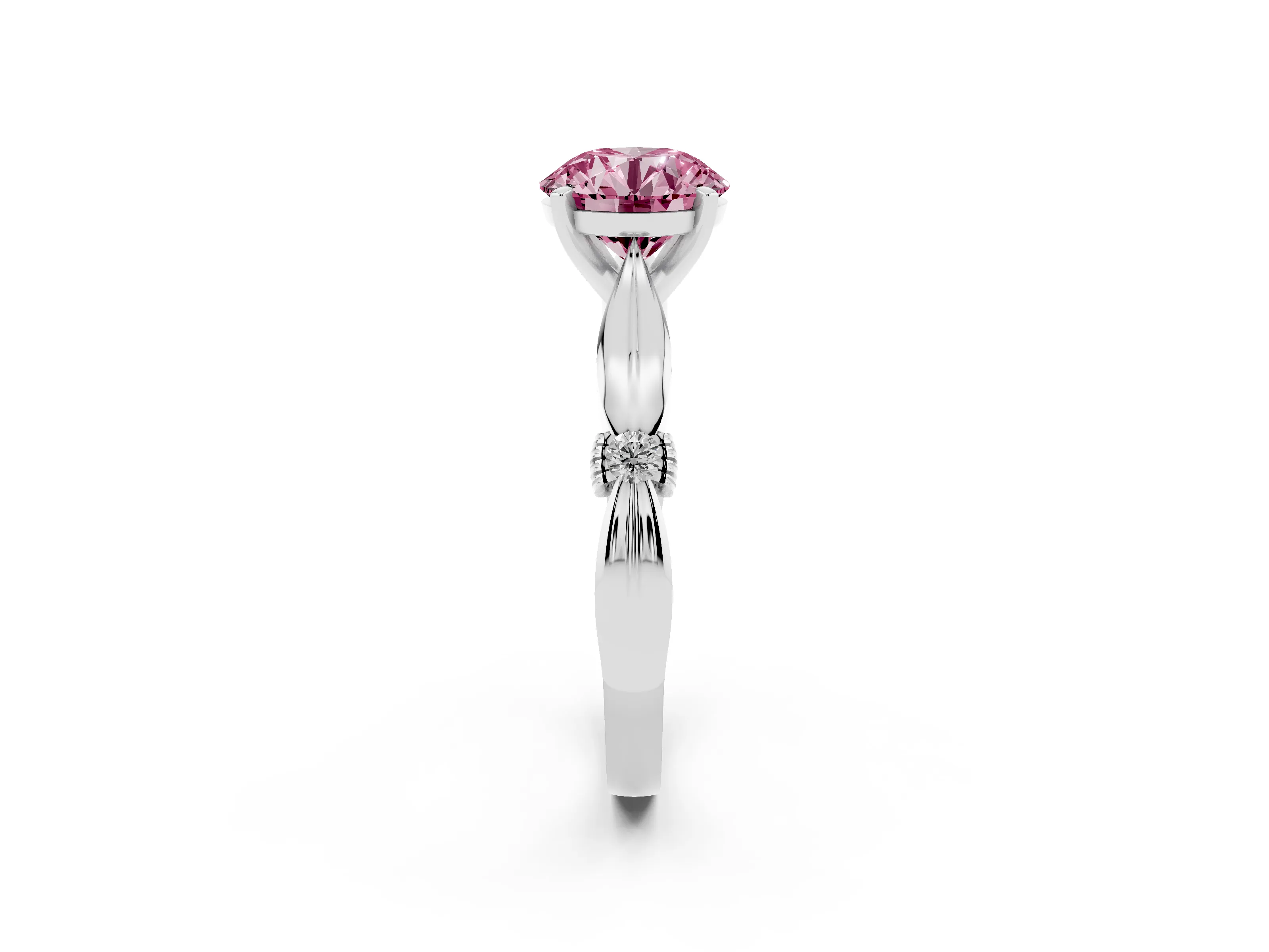 Fancy Pink Round Cut Diamond Solitaire Twisted Band Ring Set in Silver with Accent Stones and Prong Setting