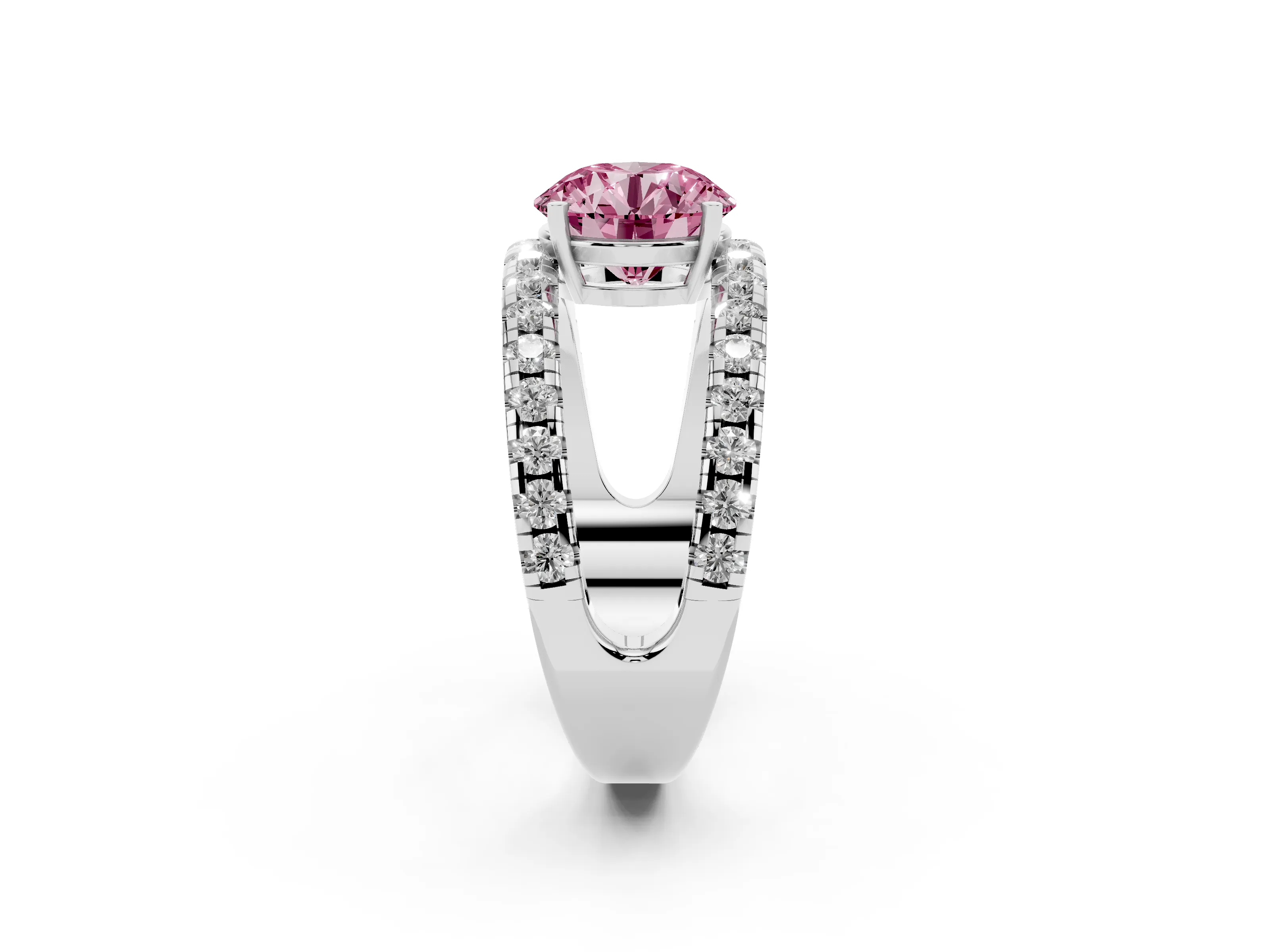 Fancy Pink Round Cut Diamond Split Shank Pavé Solitaire Ring Set in White gold with Open Shank Design