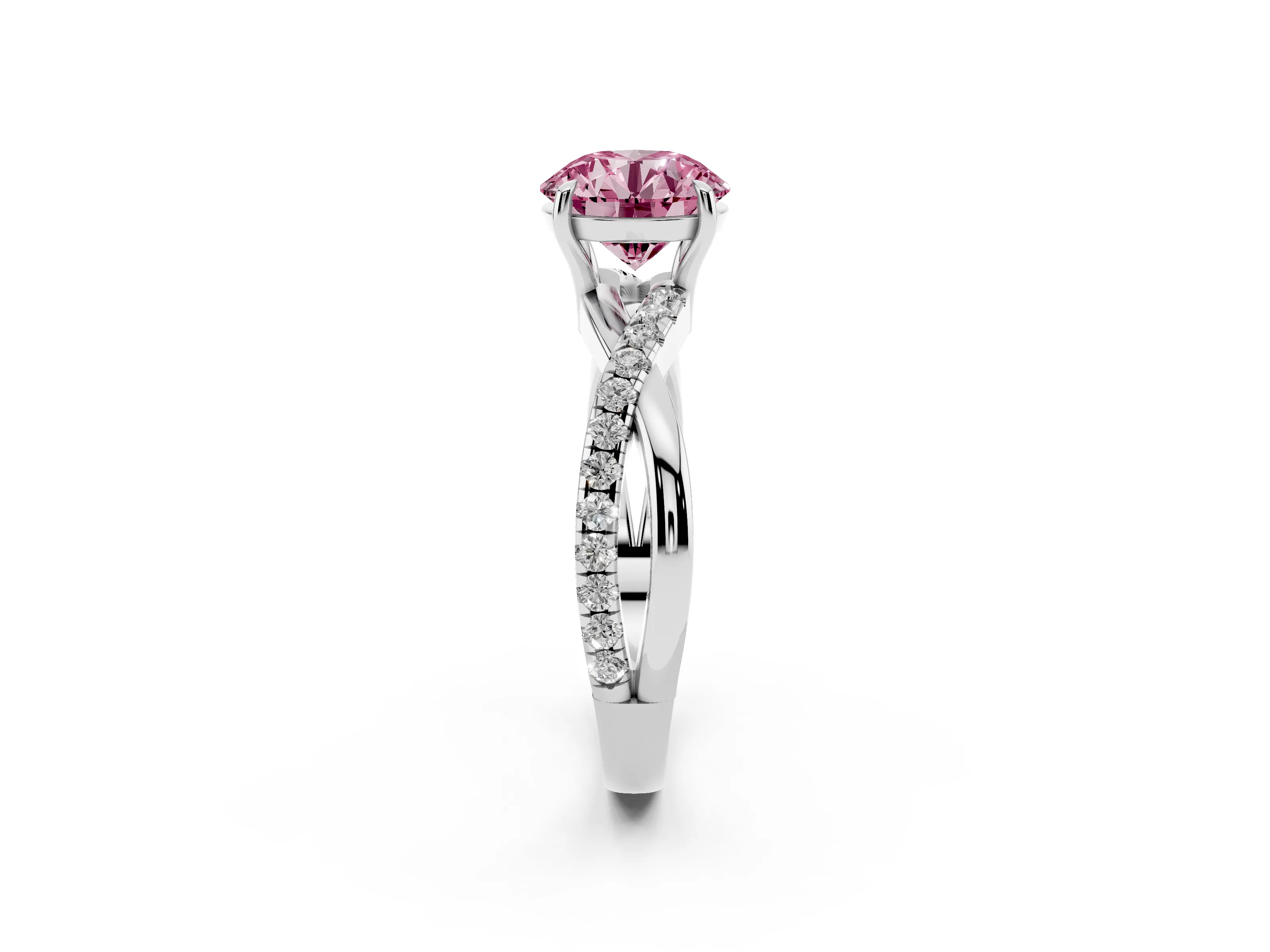 Fancy Pink Round Cut Diamond Twisted Pavé Band Ring Set in Silver with Prong Setting
