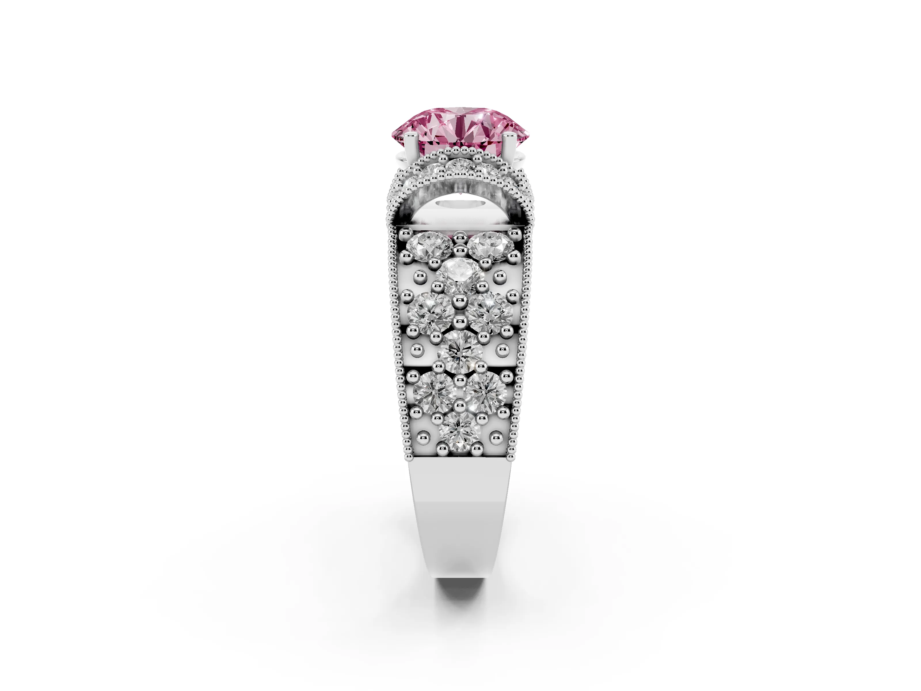 Fancy Pink Round Cut Diamond Milgrain Halo Pavé Engagement Ring Set in Silver with Prong Setting