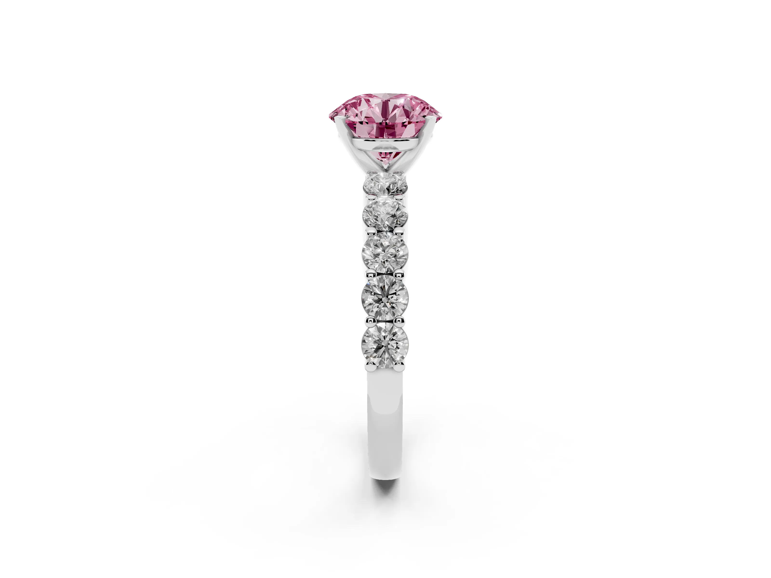 Fancy Pink Round Cut Diamond Solitaire Ring Set in Platinum with Shared Prong Round Side Stones
