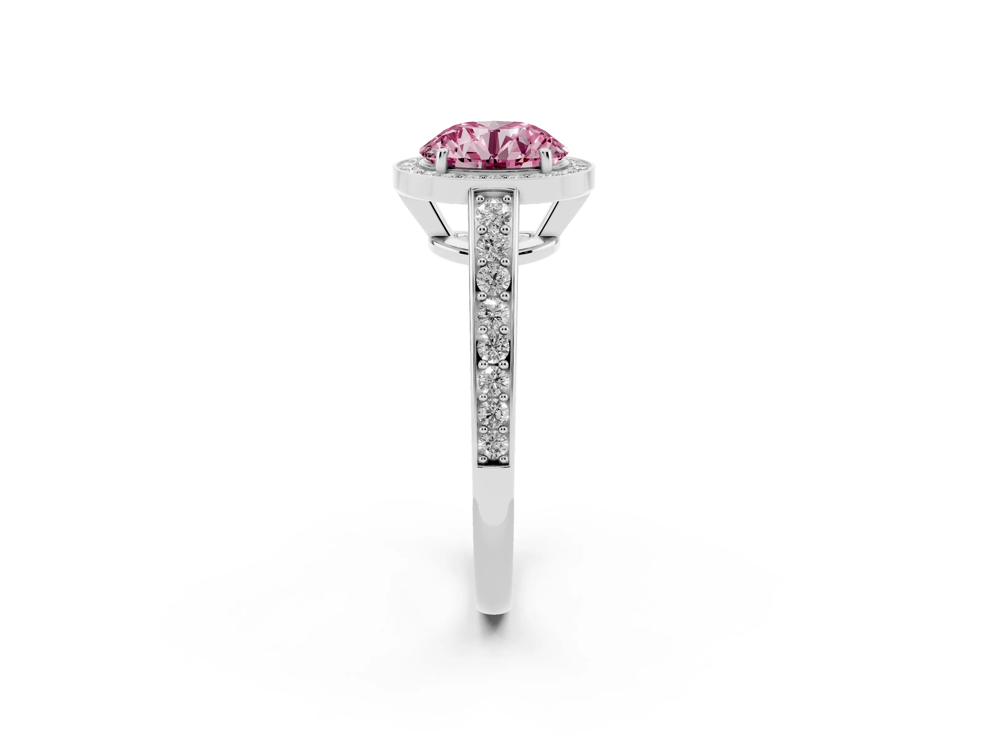 Fancy Pink Round Cut Diamond Halo Pavé Engagement Ring Set in Silver with Bezel Setting