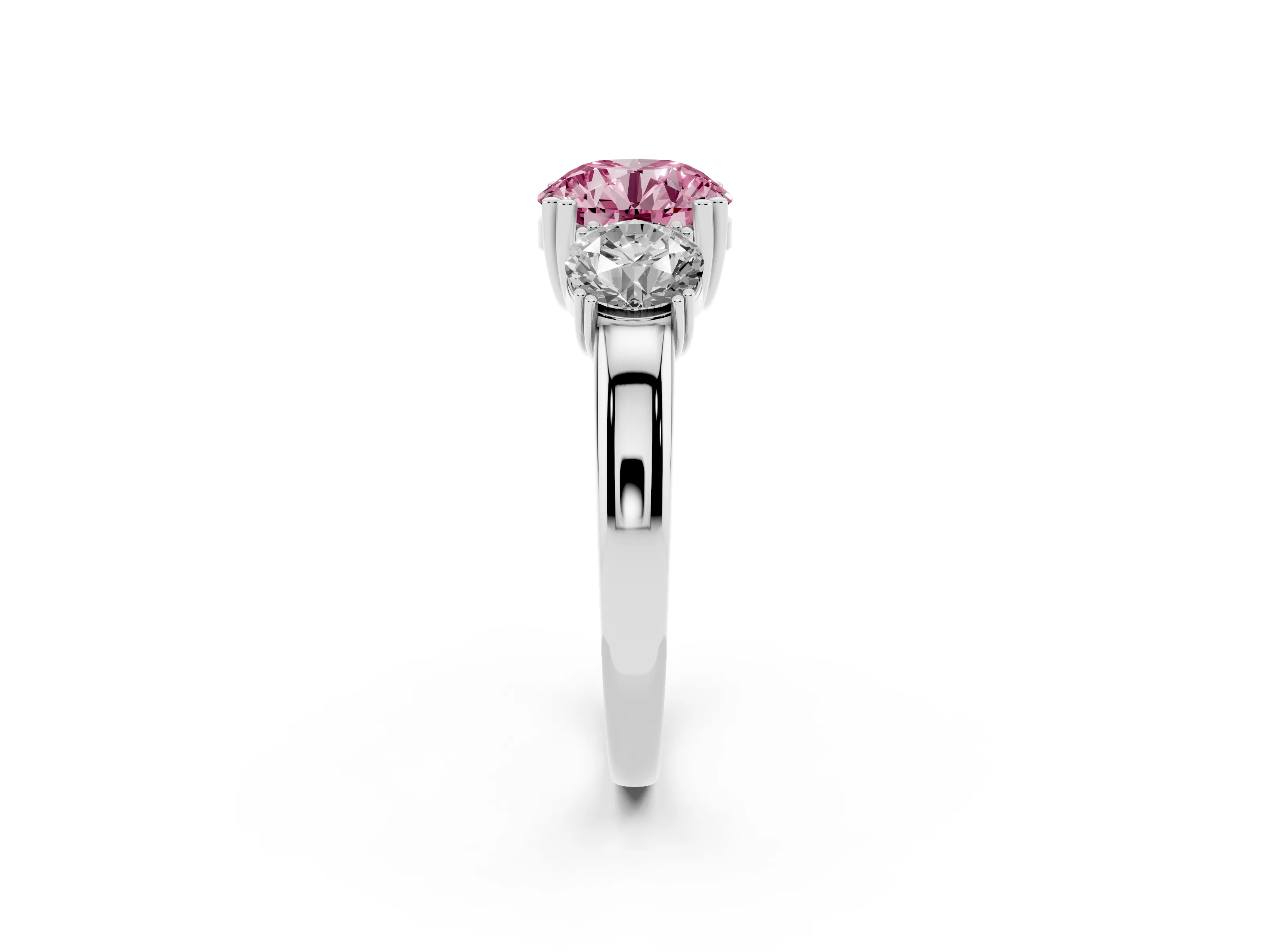 Fancy Pink Round Cut Diamond Three-Stone Ring Set in White gold with Polished Channel-Set Band