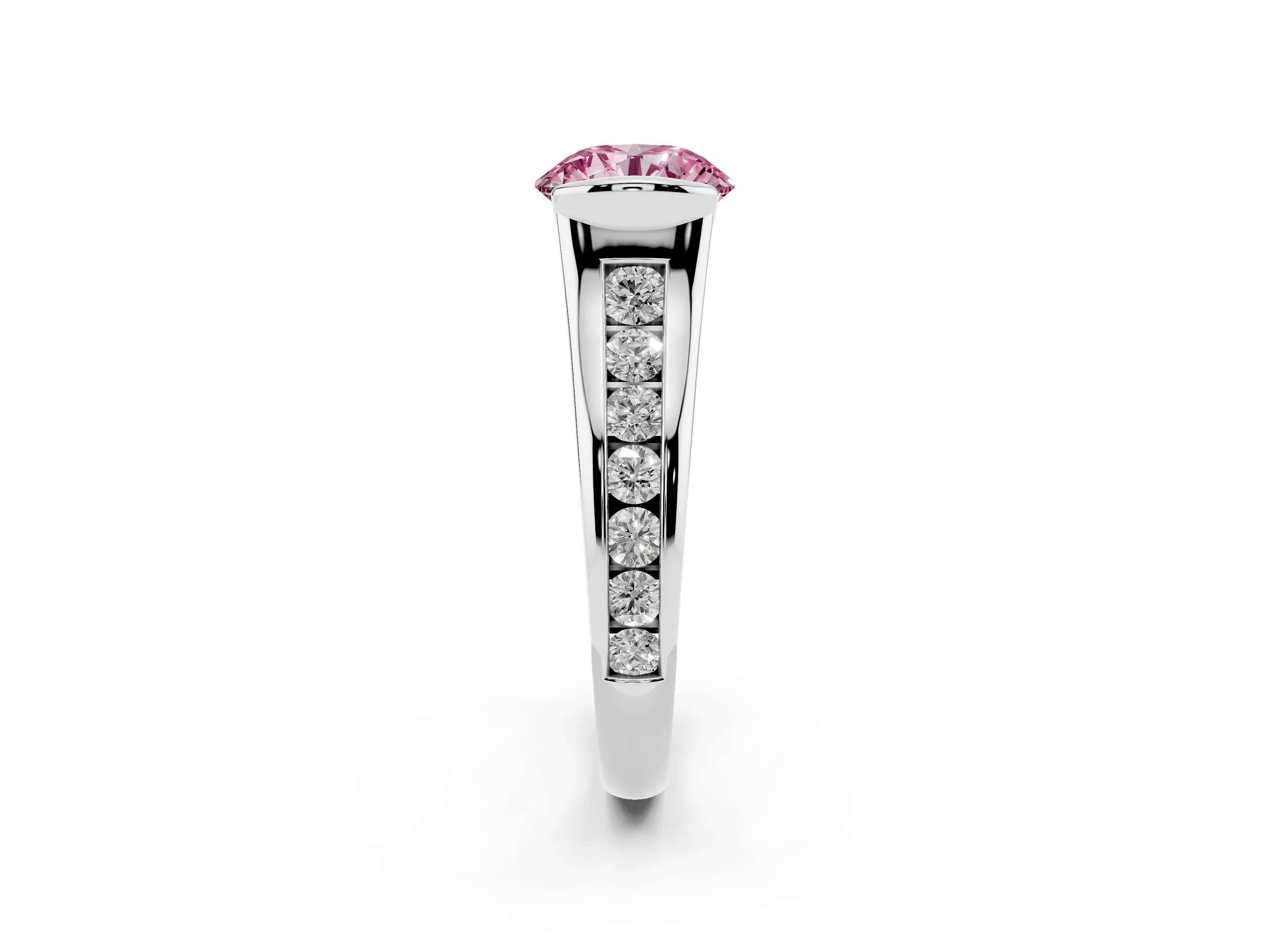 Fancy Pink Round Cut Diamond Bezel-Set Solitaire Ring Set in White gold with Channel-Set Band