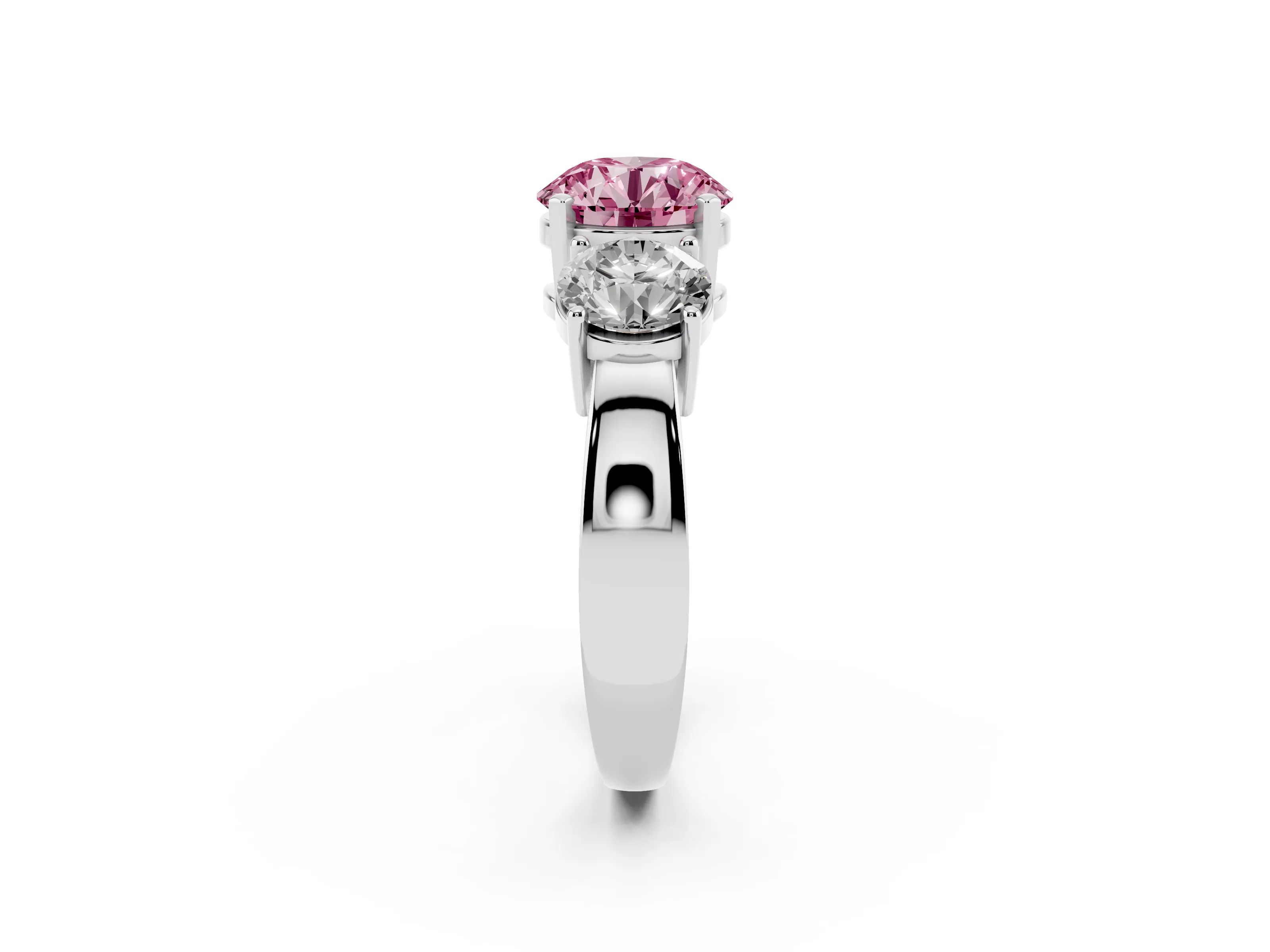 Fancy Pink Round Cut Diamond Three-Stone Ring Set in Silver with Round Side Stones and Classic Band