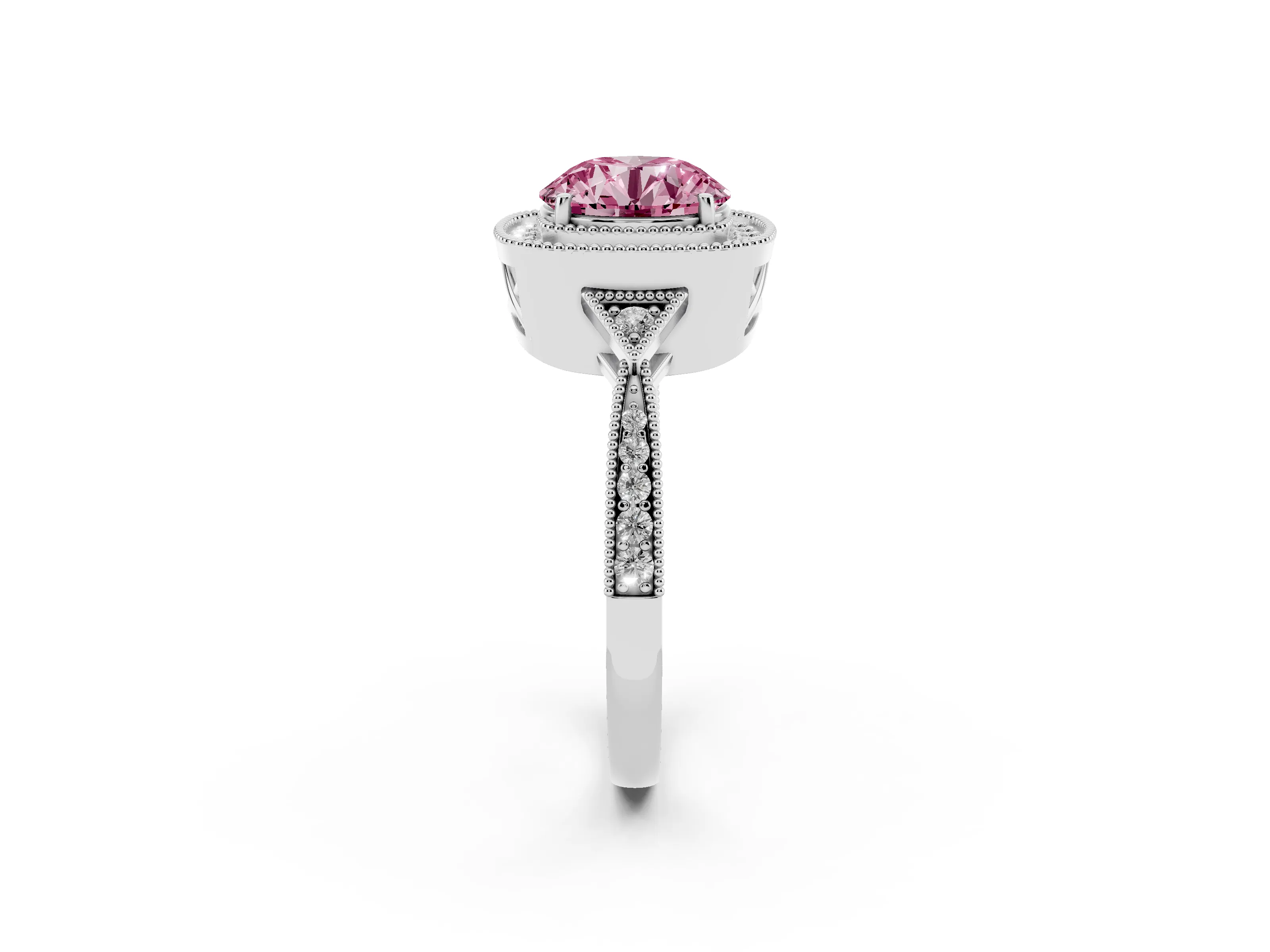 Fancy Pink Round Cut Diamond Halo Engagement Ring Set in White gold with Milgrain Pavé Band