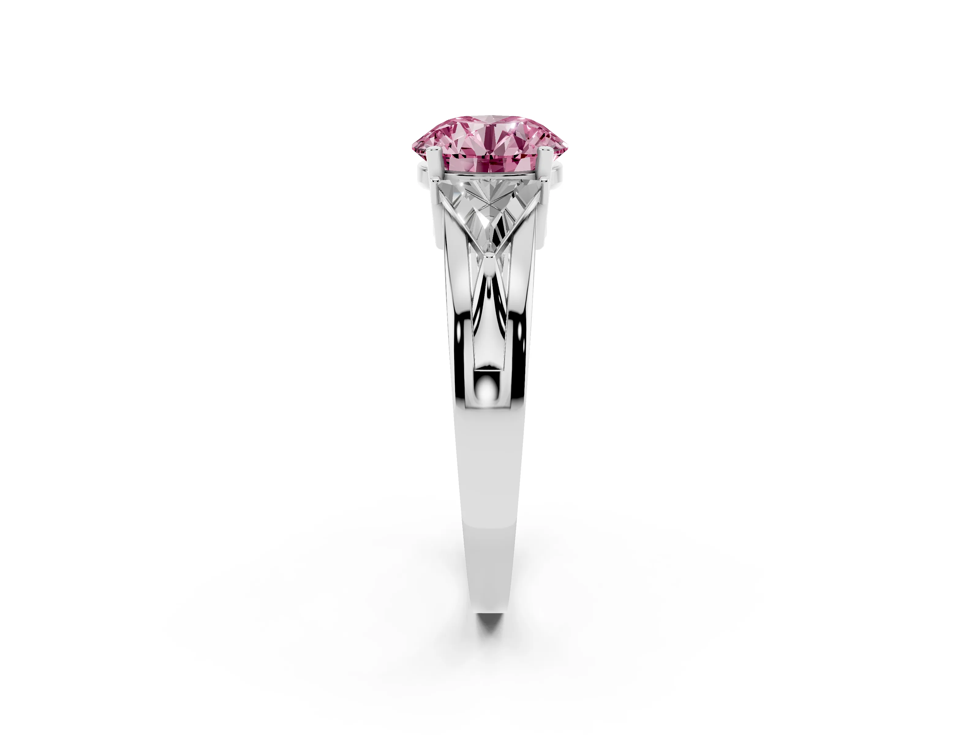 Fancy Pink Round Cut Diamond Three-Stone Ring Set in Silver with Trillion Side Stones and Split Shank