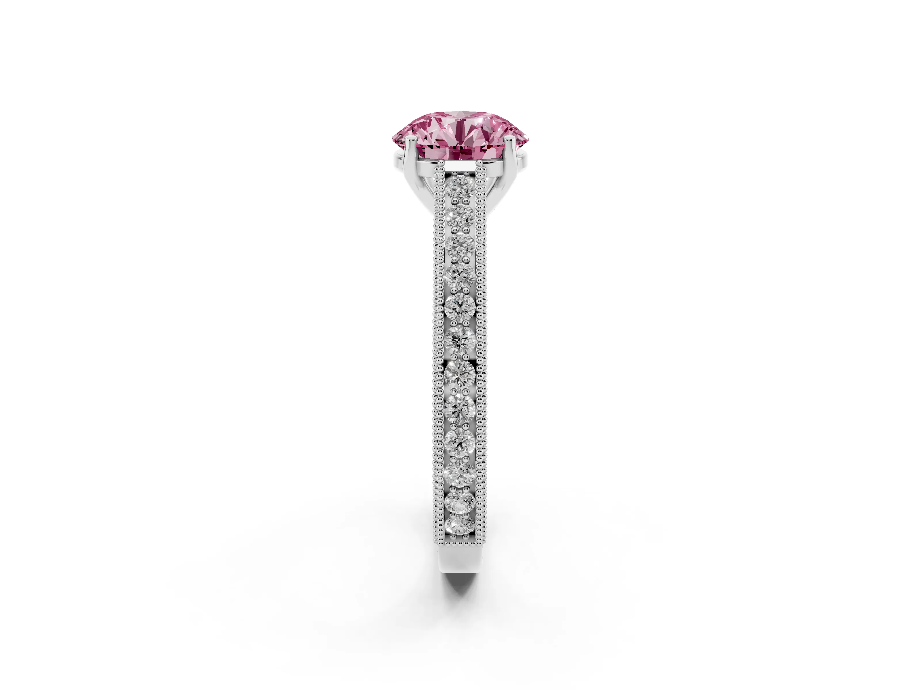 Fancy Pink Round Cut Diamond Milgrain Pavé Band Solitaire Ring Set in Silver with Prong Setting