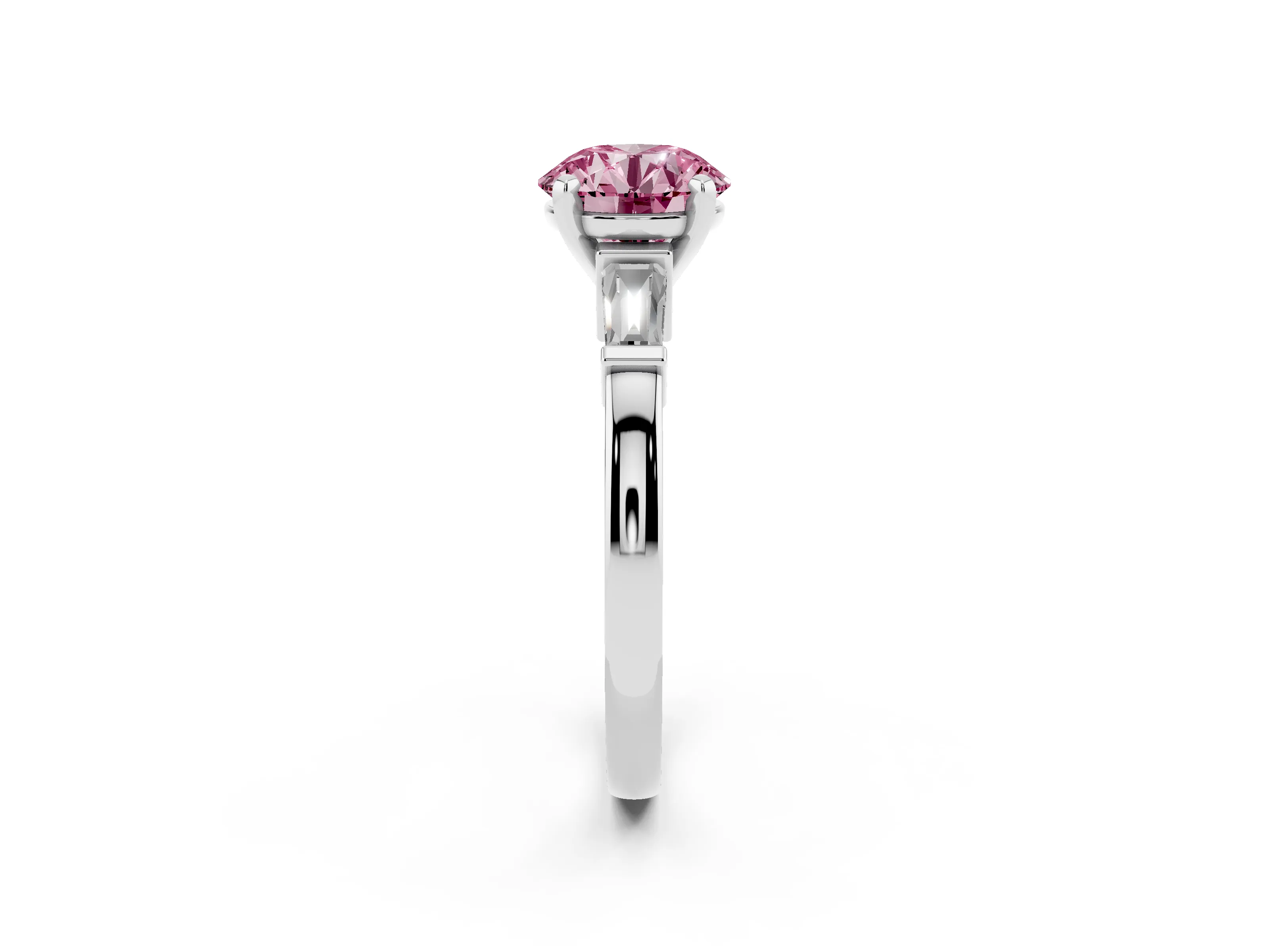 Fancy Pink Round Cut Diamond Solitaire Ring Set in Silver with Tapered Baguette Accents and Prong Setting