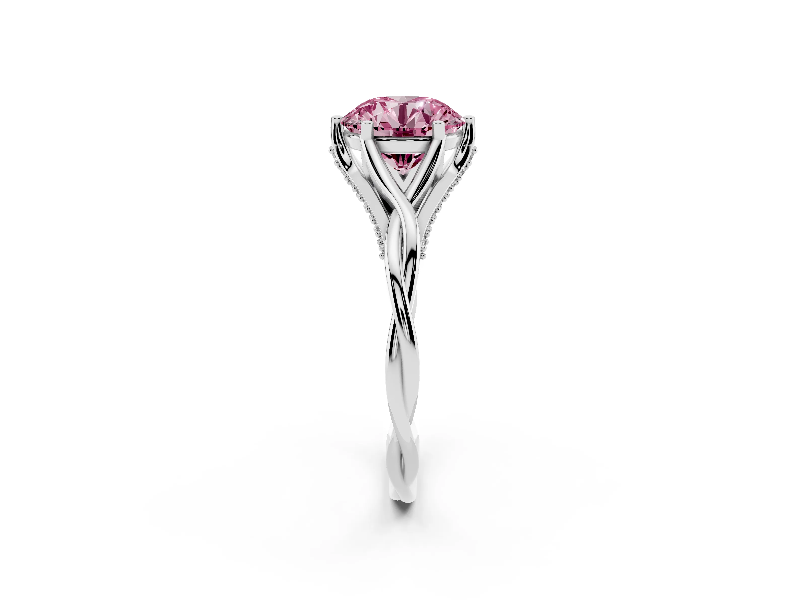 Fancy Pink Round Cut Diamond Intertwined Twist Band Solitaire Ring Set in White gold with Prong Setting