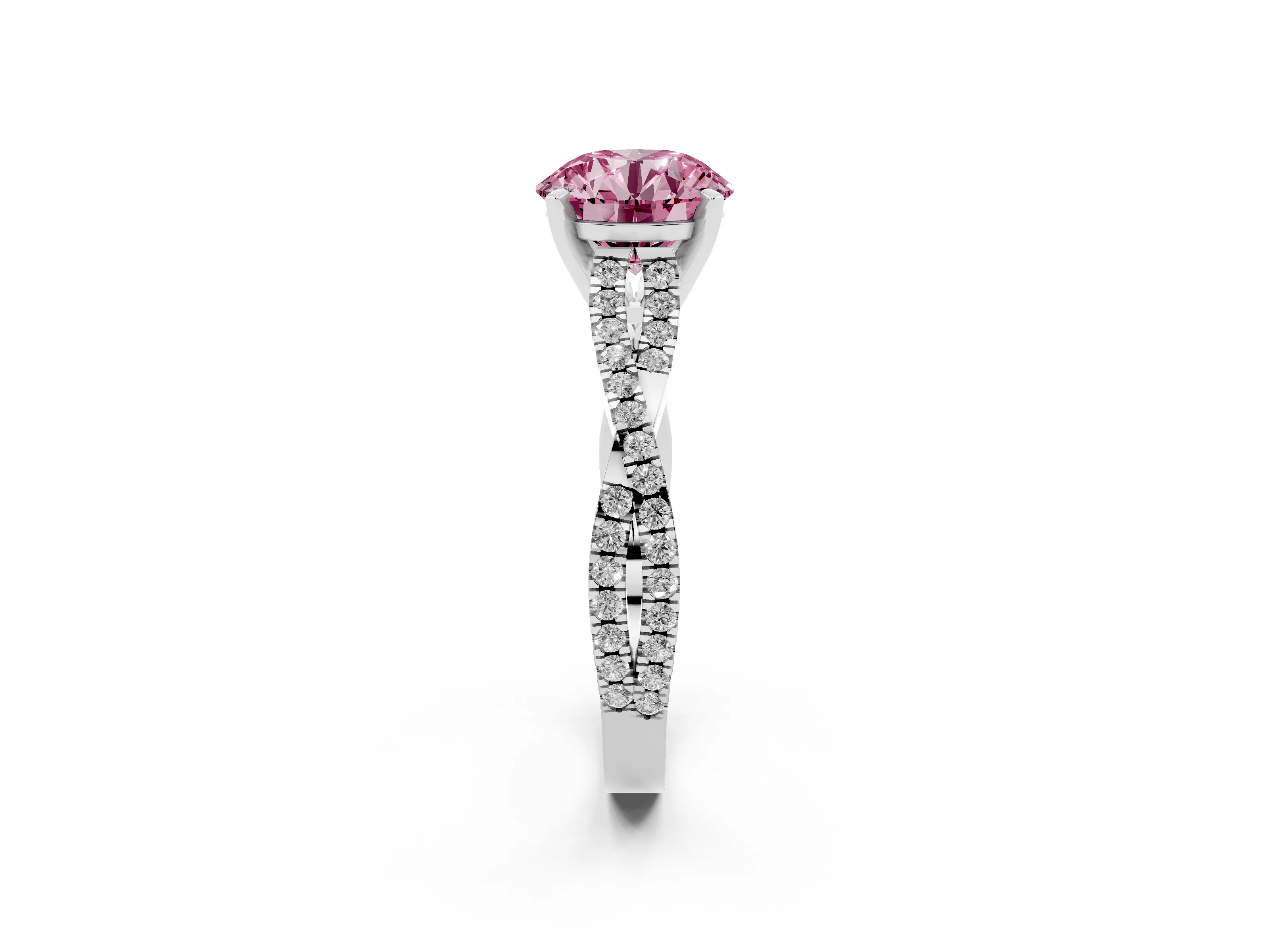 Fancy Pink Round Cut Diamond Solitaire Engagement Ring Set in Platinum with Twisted Pavé Band and Prong Setting