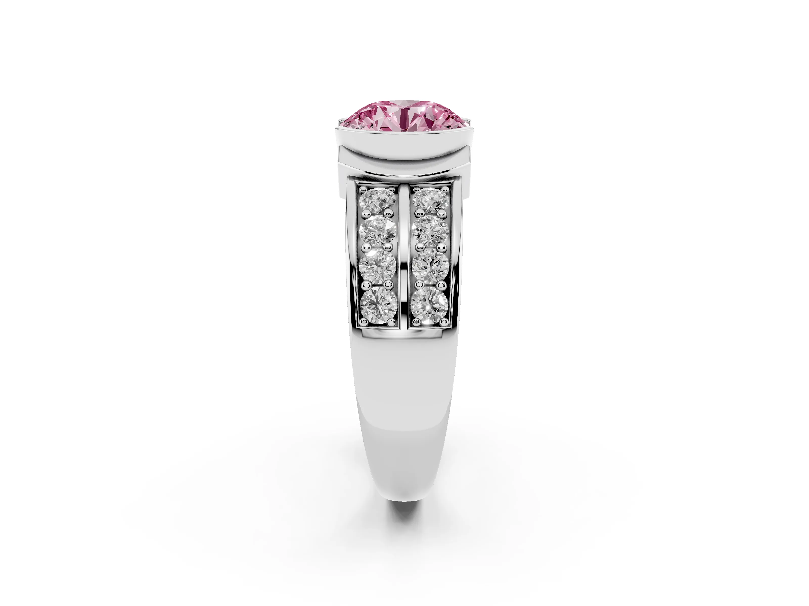 Fancy Pink Round Cut Diamond Wide Channel Set Band Ring Set in Silver with Bezel Setting