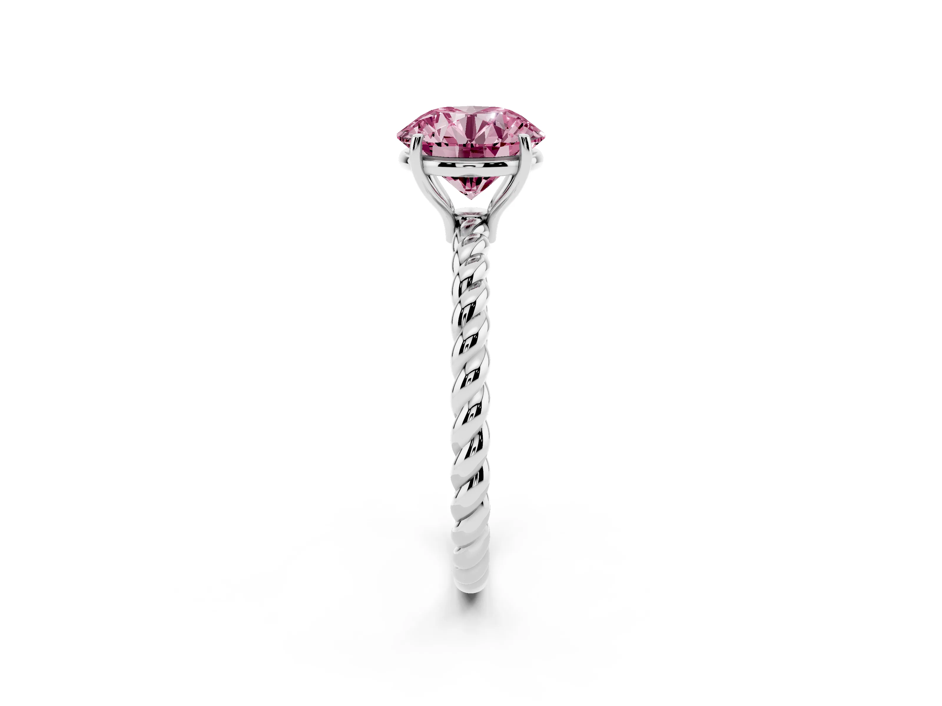 Fancy Pink Round Cut Diamond Solitaire Ring Set in Platinum with Twist Band and Prong Setting