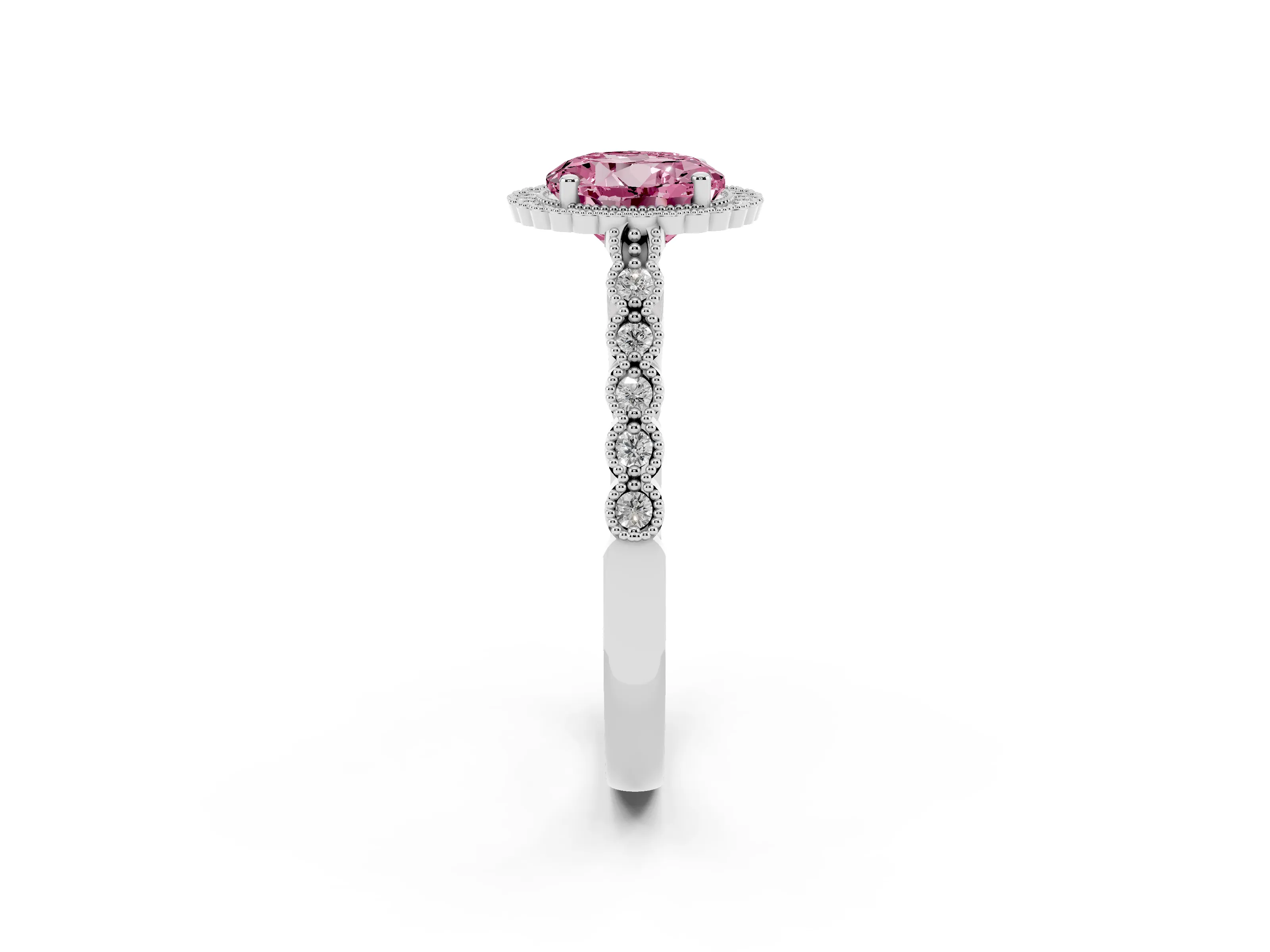 Fancy Pink Round Cut Diamond Halo Ring Set in Silver with Pavé Milgrain Band