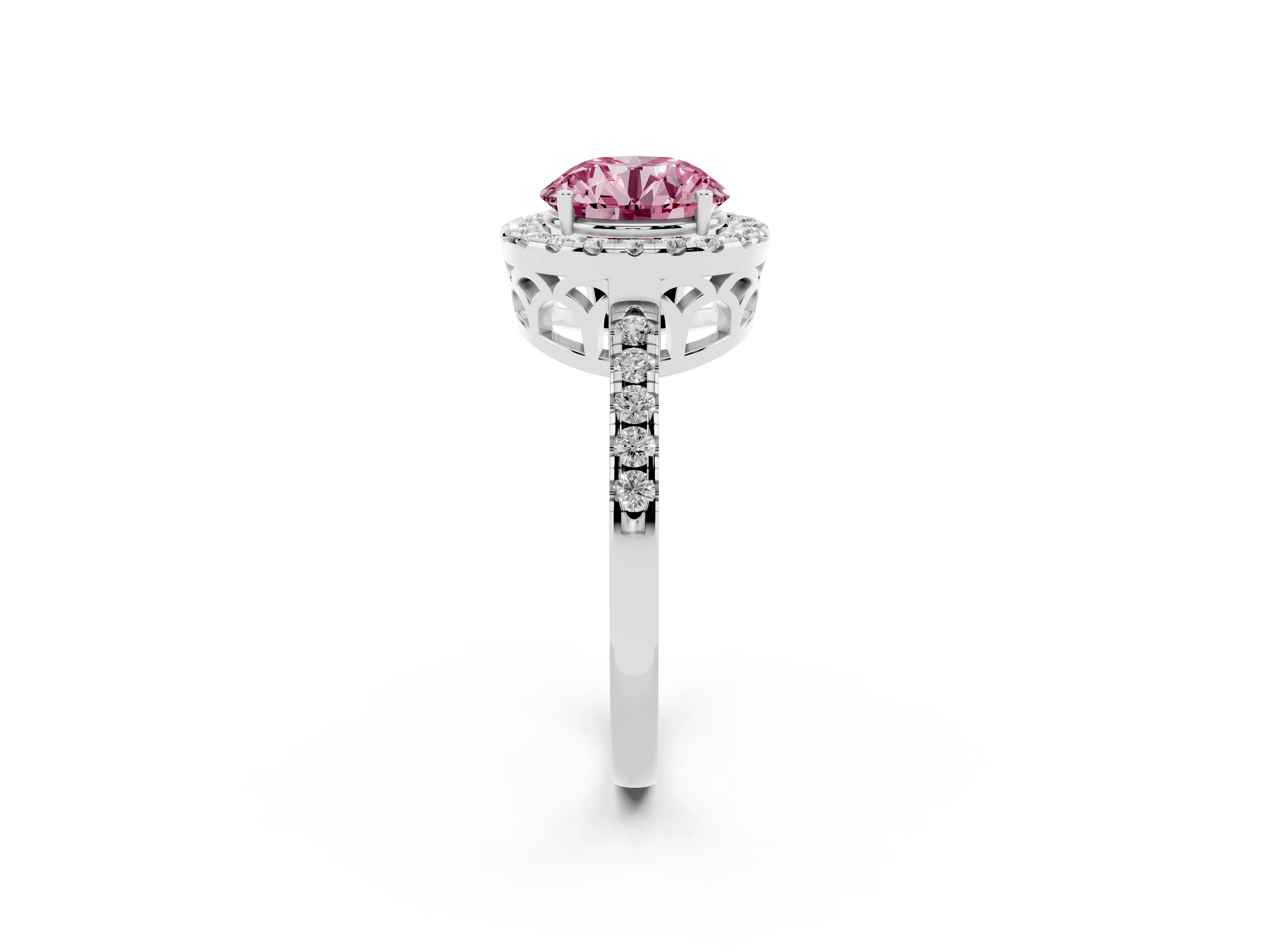 Fancy Pink Round Cut Diamond Pavé Band Halo Engagement Ring Set in Silver with Prong Setting