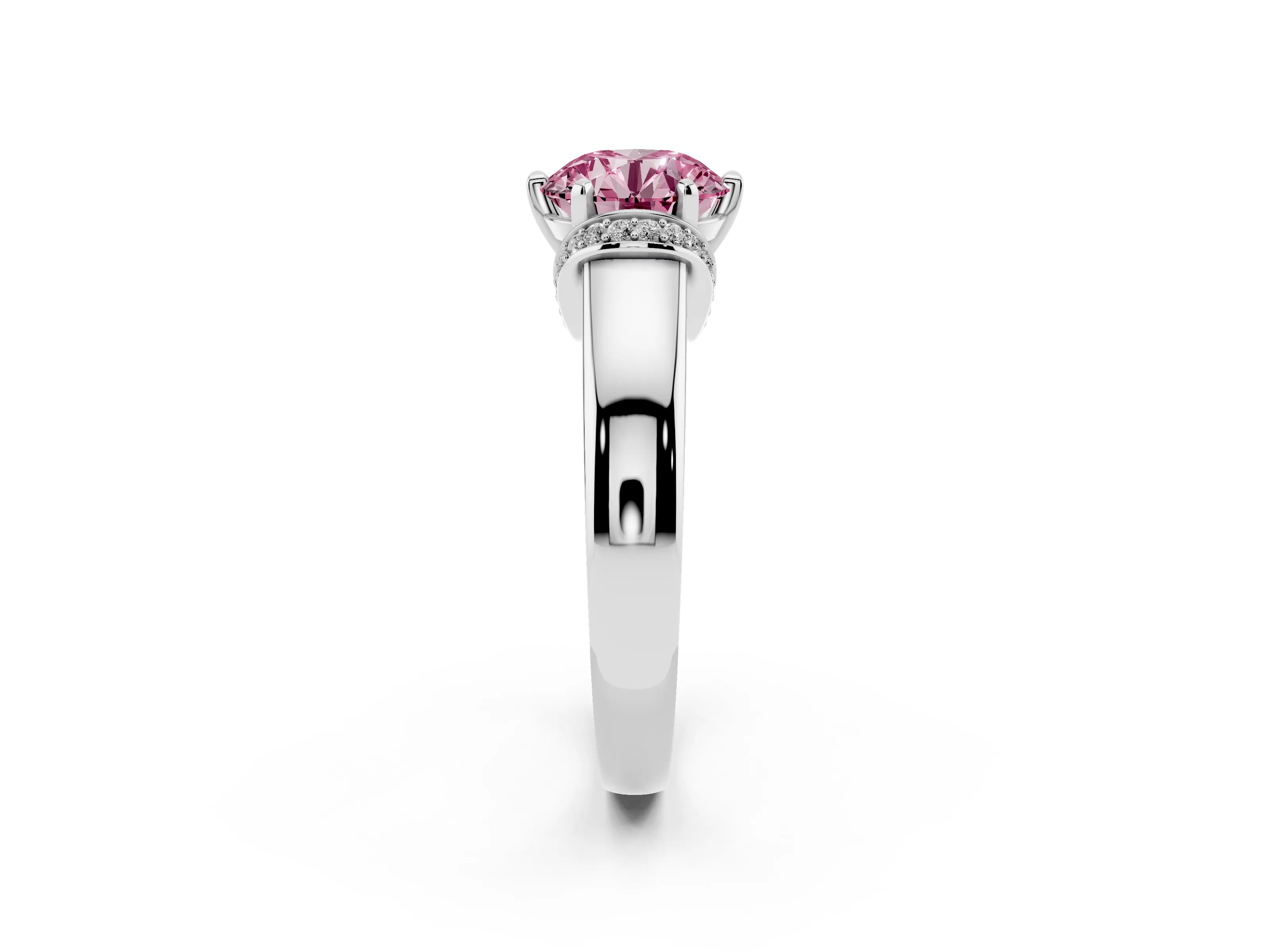 Fancy Pink Round Cut Diamond Pavé Band Solitaire Ring Set in Silver with Prong Setting