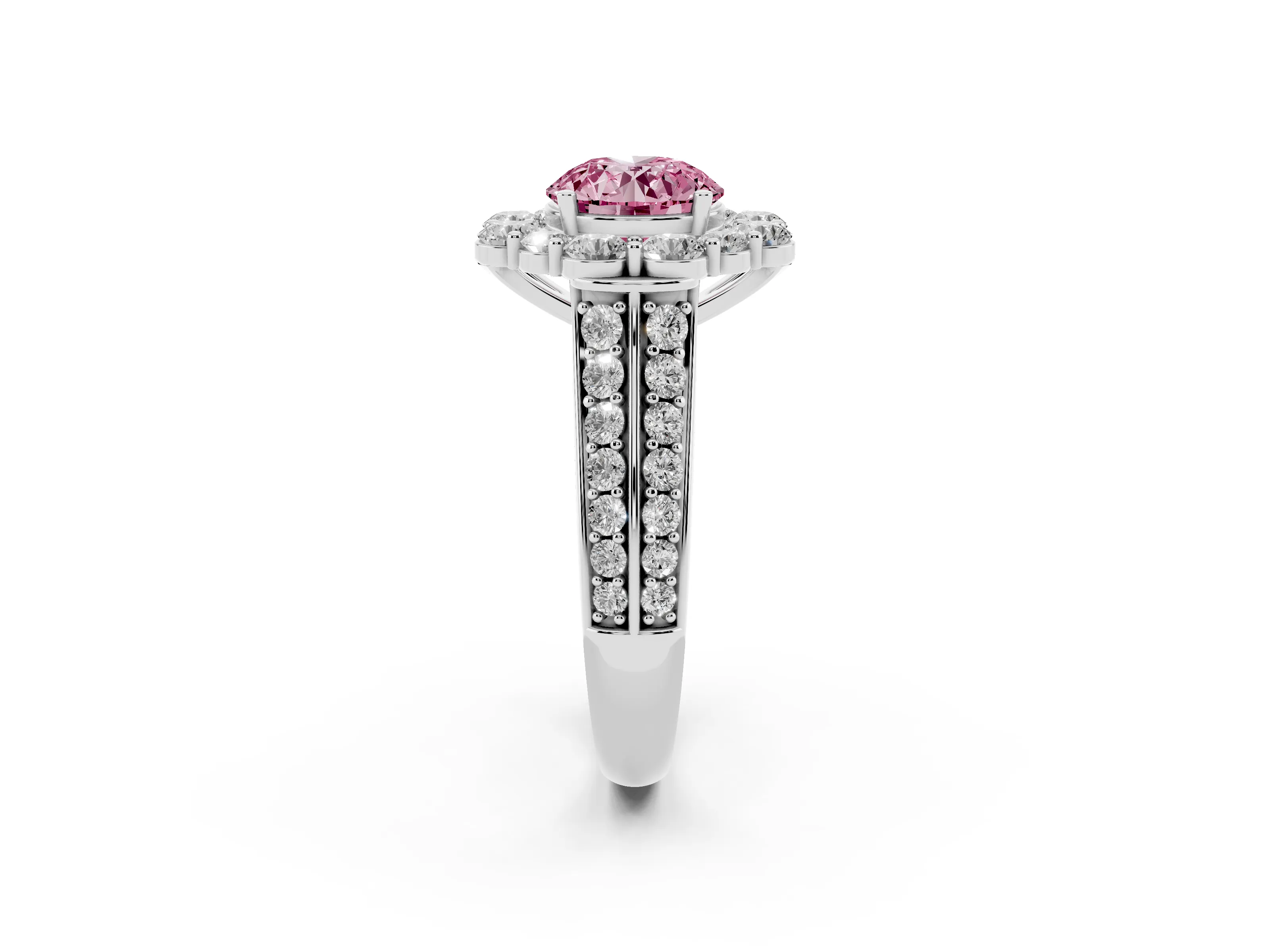 Fancy Pink Round Cut Diamond Halo Engagement Ring Set in Platinum with Split Shank and Prong Setting