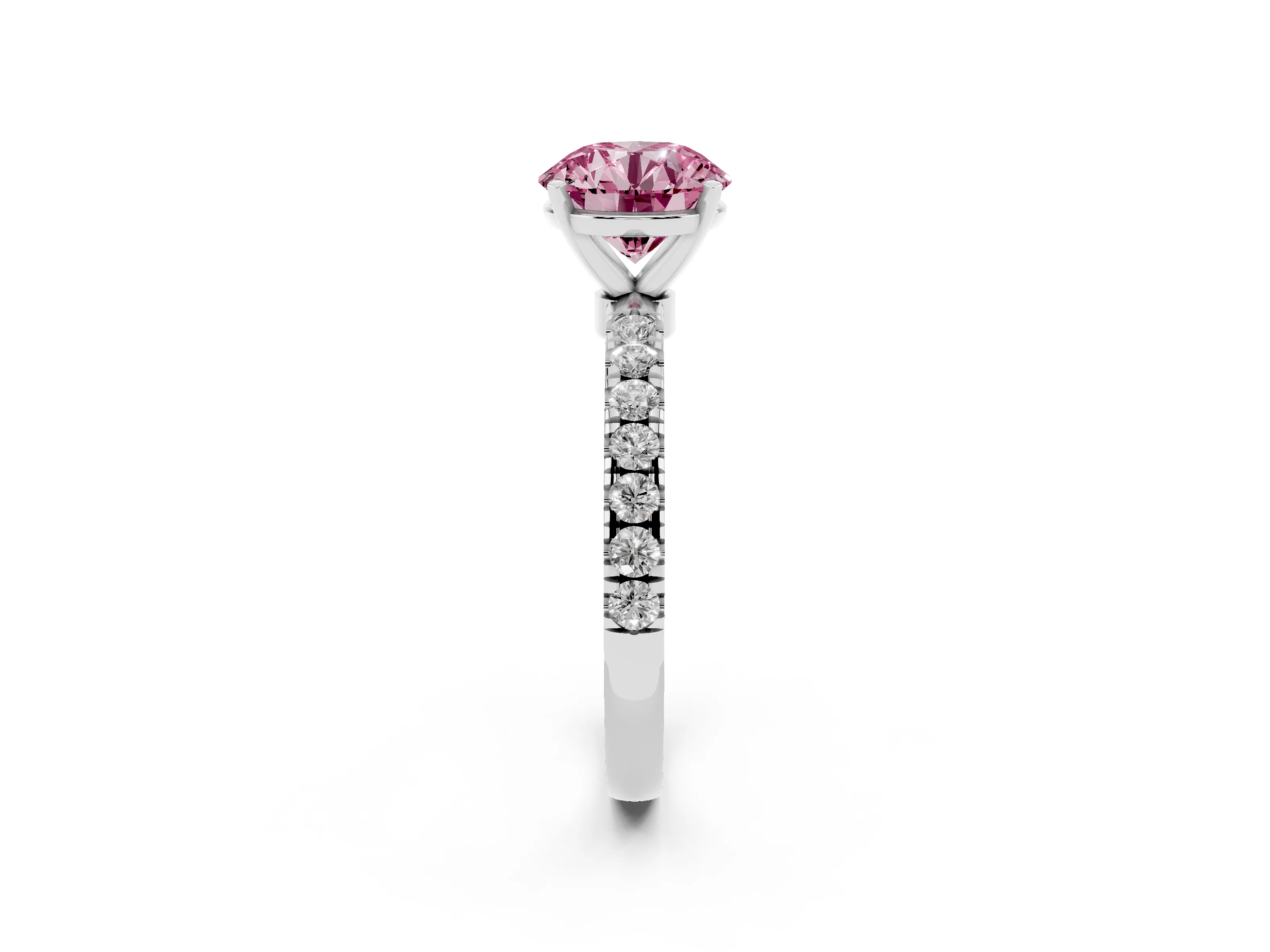 Fancy Pink Round Cut Diamond Solitaire Ring Set in Platinum with Pavé Accents and Prong Setting