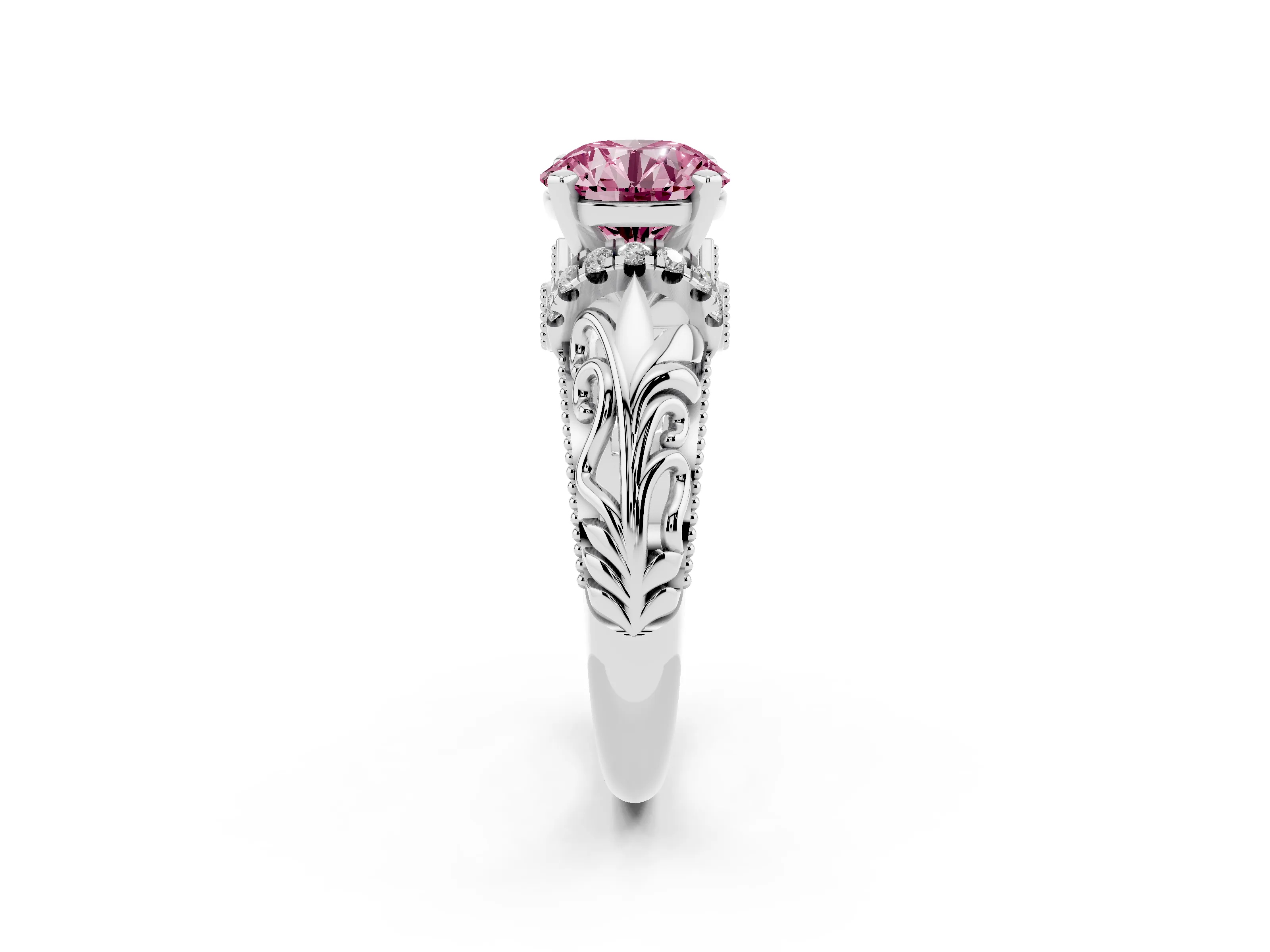 Fancy Pink Round Cut Diamond Filigree Halo Engagement Ring Set in Silver with Prong Setting