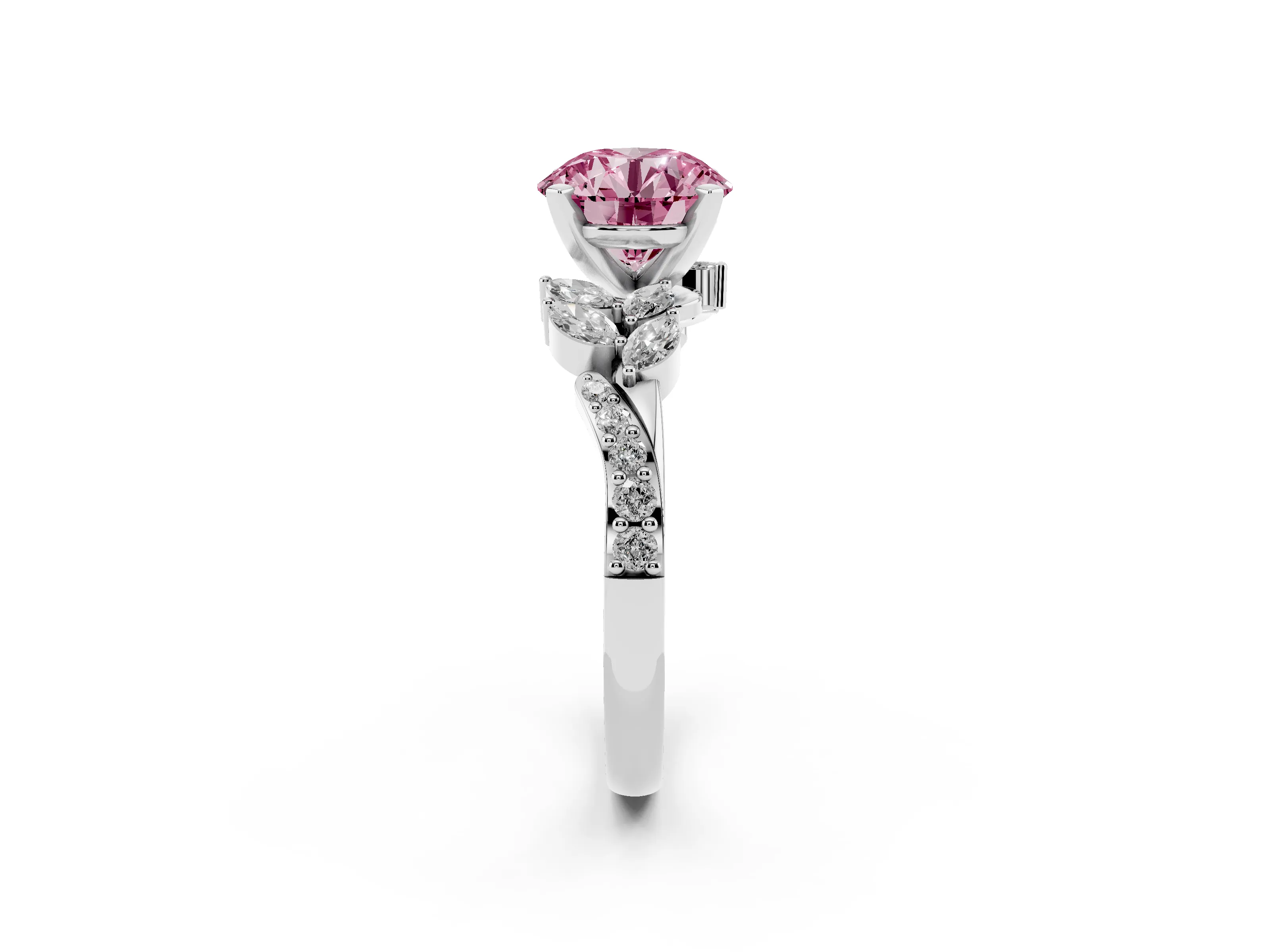 Fancy Pink Round Cut Diamond Solitaire Ring Set in Silver with Marquise Twist Band and Prong Setting